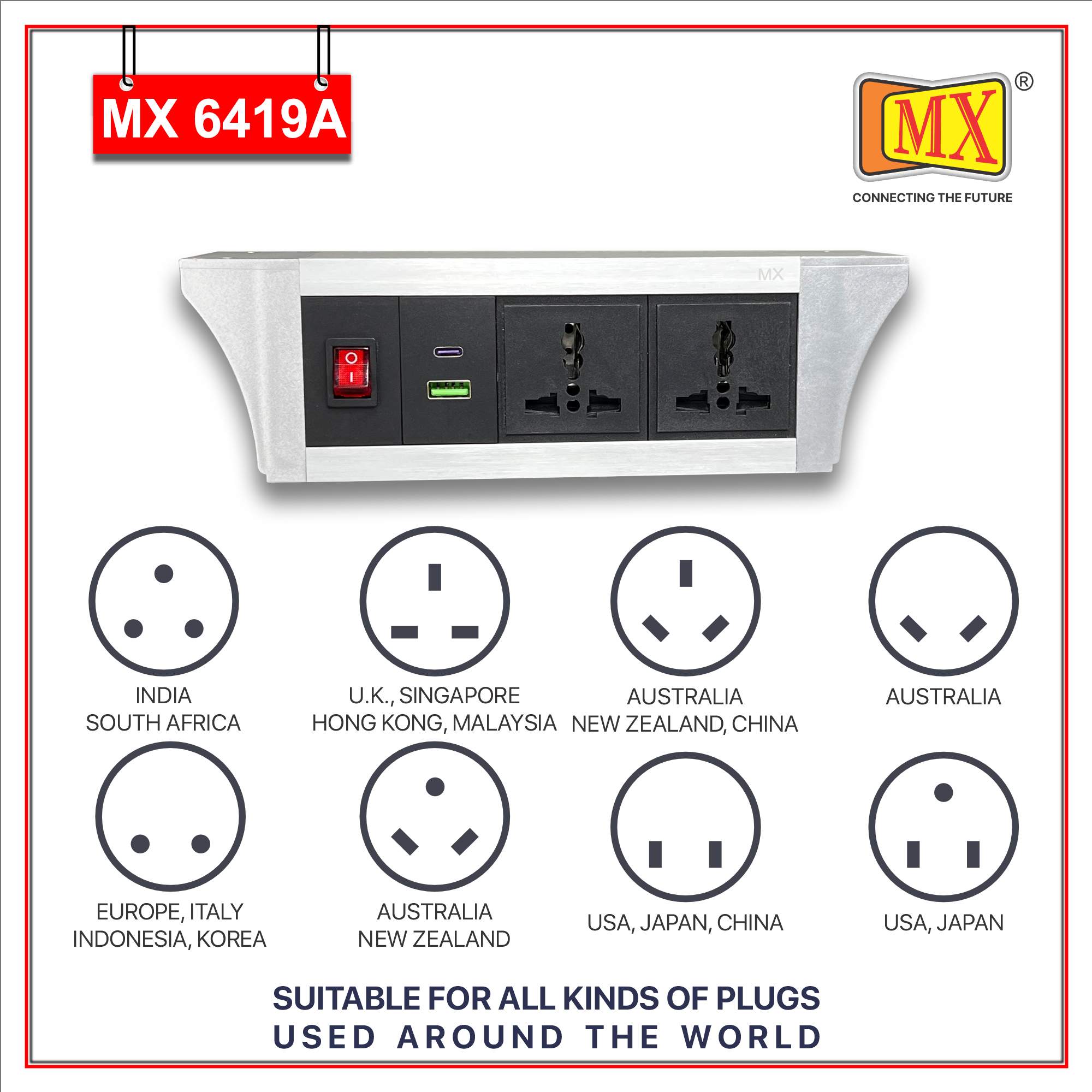 MX PDU Under table 6/13 Amps 2 Universal Socket | 2 USB (2.4 Amp) with 30W PD Charger | Dual Pole LED Indicator Switch | 6 Amps Heavy Duty Cord 3 Meter with ISI Marked, Aluminium Body Material(MX 6419A-3M Silver)