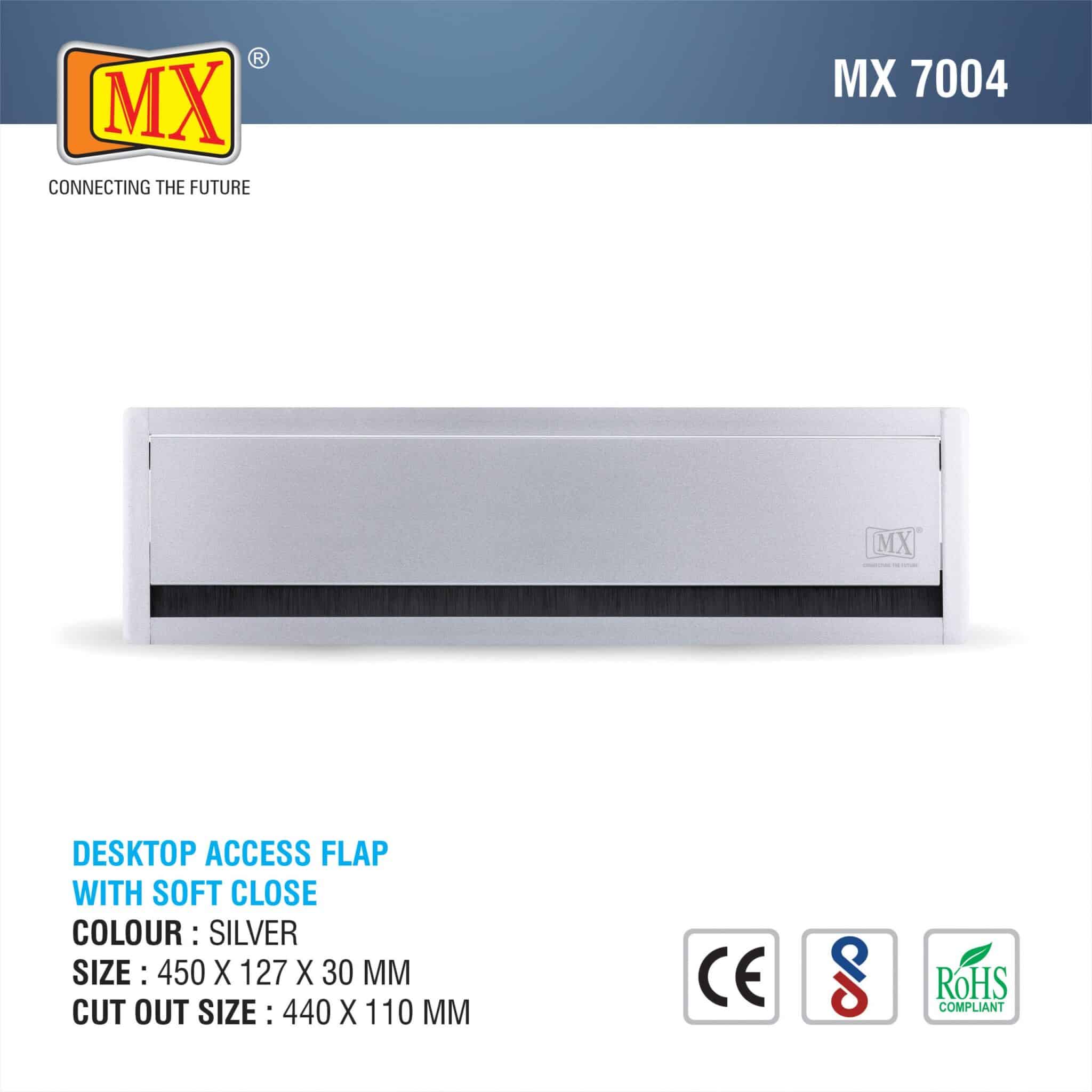 MX Aluminum Alloy Access Flap with Soft Closing: Your Ultimate Desk Organizer for Effortless Cable Management and Workspace Tidiness (Cutout Size: 440X110 MM) Silver