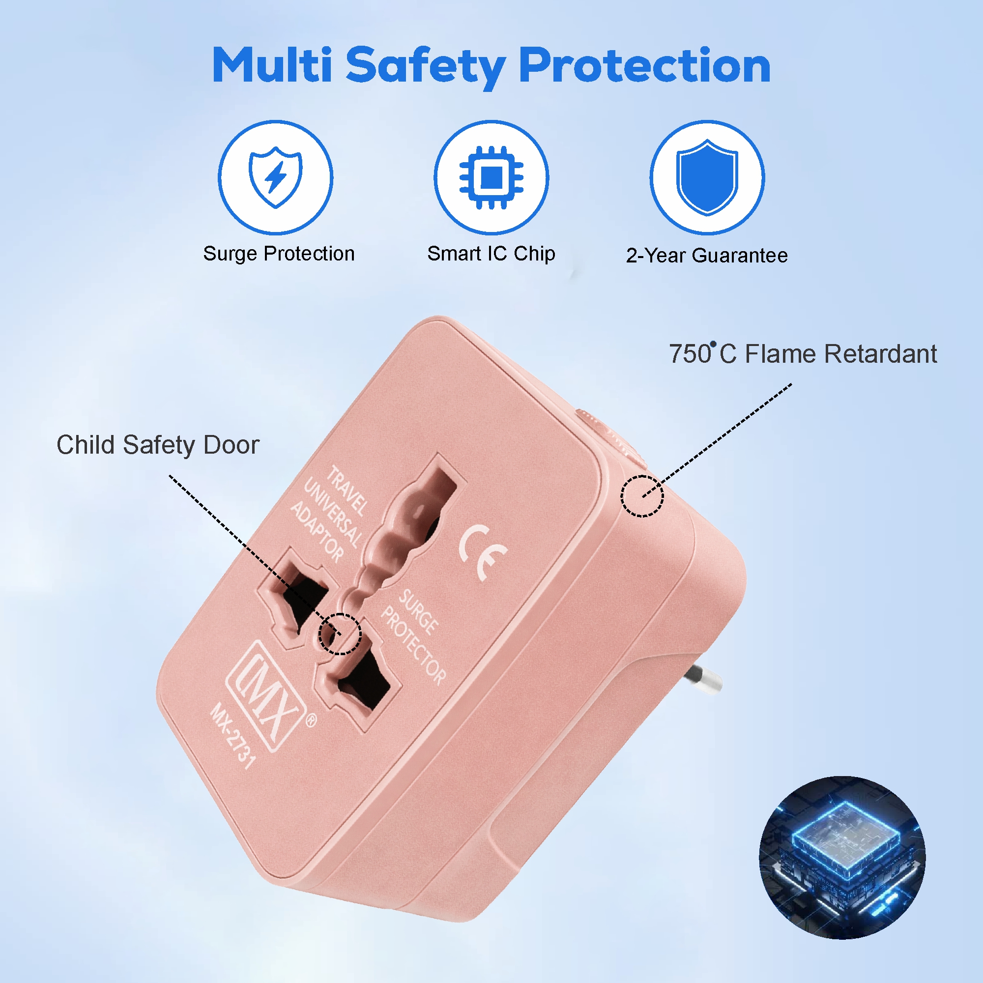 MX Universal Travel Adapter, Worldwide All over 150 International Countries with LED & Child Safety Shutter-Universal Socket Compatible in UK, Europe, USA, Australia, China, Japan & Thailand (Pink)