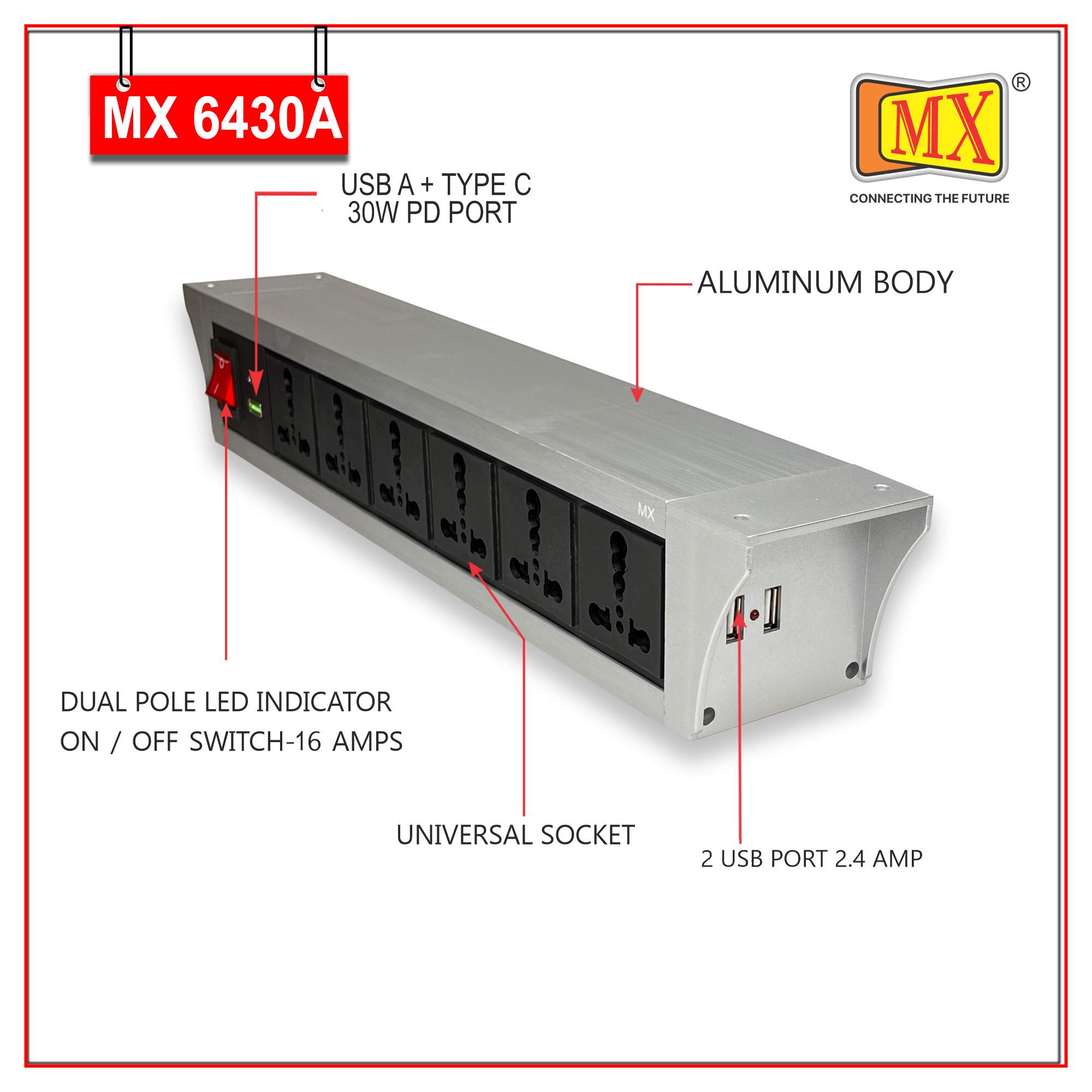 MX PDU Under table 6/16 Amps 6 Universal Socket | 2 USB (2.4 Amp) with 30W PD Charger | Dual Pole LED Indicator Switch | 16 Amps Heavy Duty Cord 3 Meter with ISI Marked, Aluminium Body Material(MX 6430A-3M Silver)