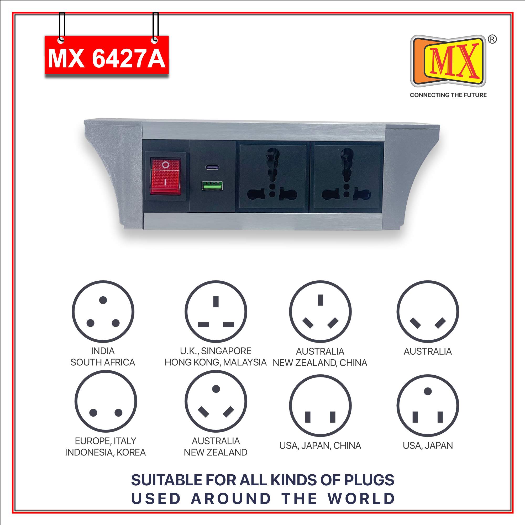 MX PDU Under table 6/16 Amps 2 Universal Socket | 2 USB (2.4 Amp) with 30W PD Charger | Dual Pole LED Indicator Switch | 16 Amps Heavy Duty Cord 10 Meter with ISI Marked, Aluminium Body Material(MX 6427A-10M Silver)