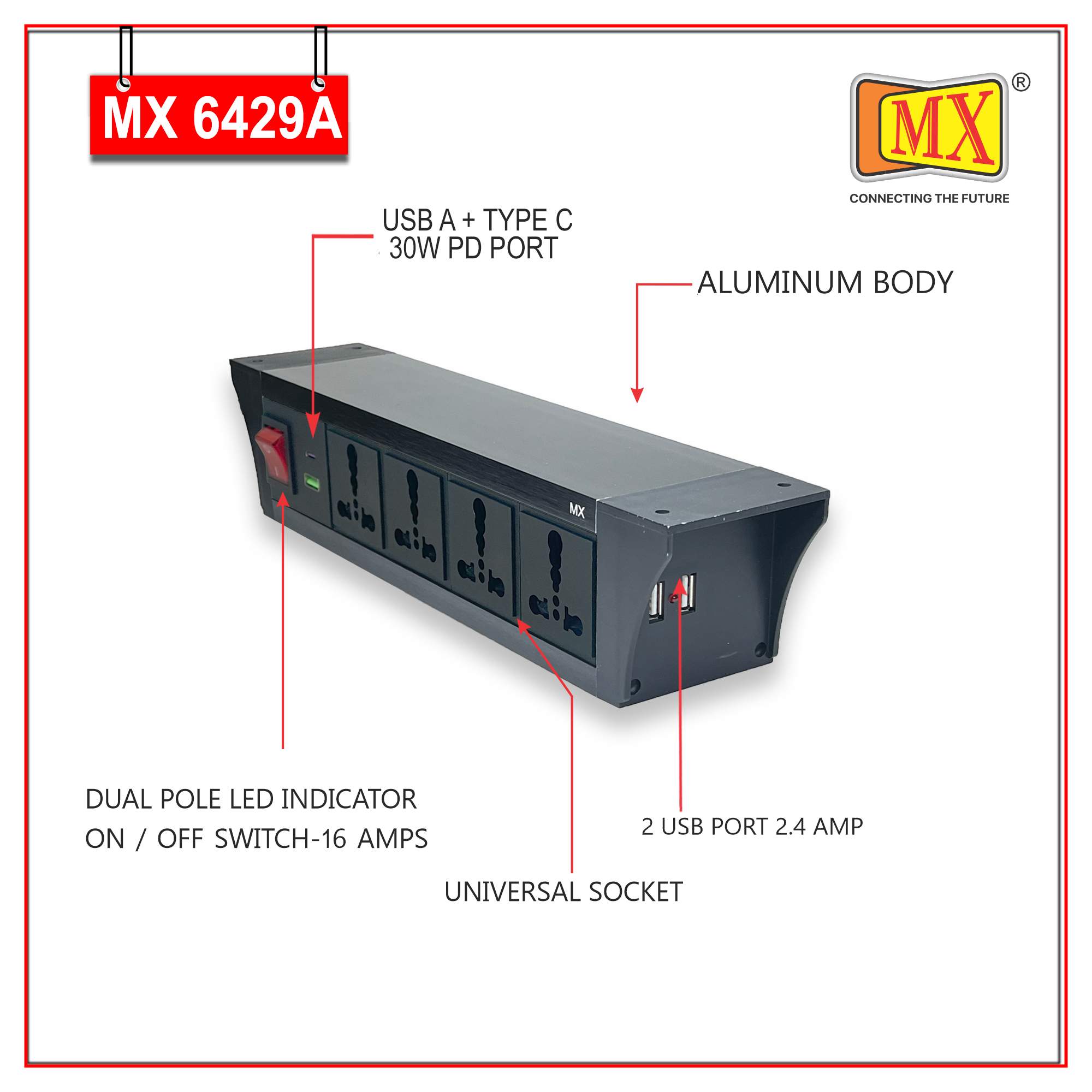 MX PDU Under table 6/16 Amps 4 Universal Socket | 2 USB (2.4 Amp) with 30W PD Charger | Dual Pole LED Indicator Switch | 16 Amps Heavy Duty Cord 5 Meter with ISI Marked, Aluminium Body Material(MX 6429A-5M Black)