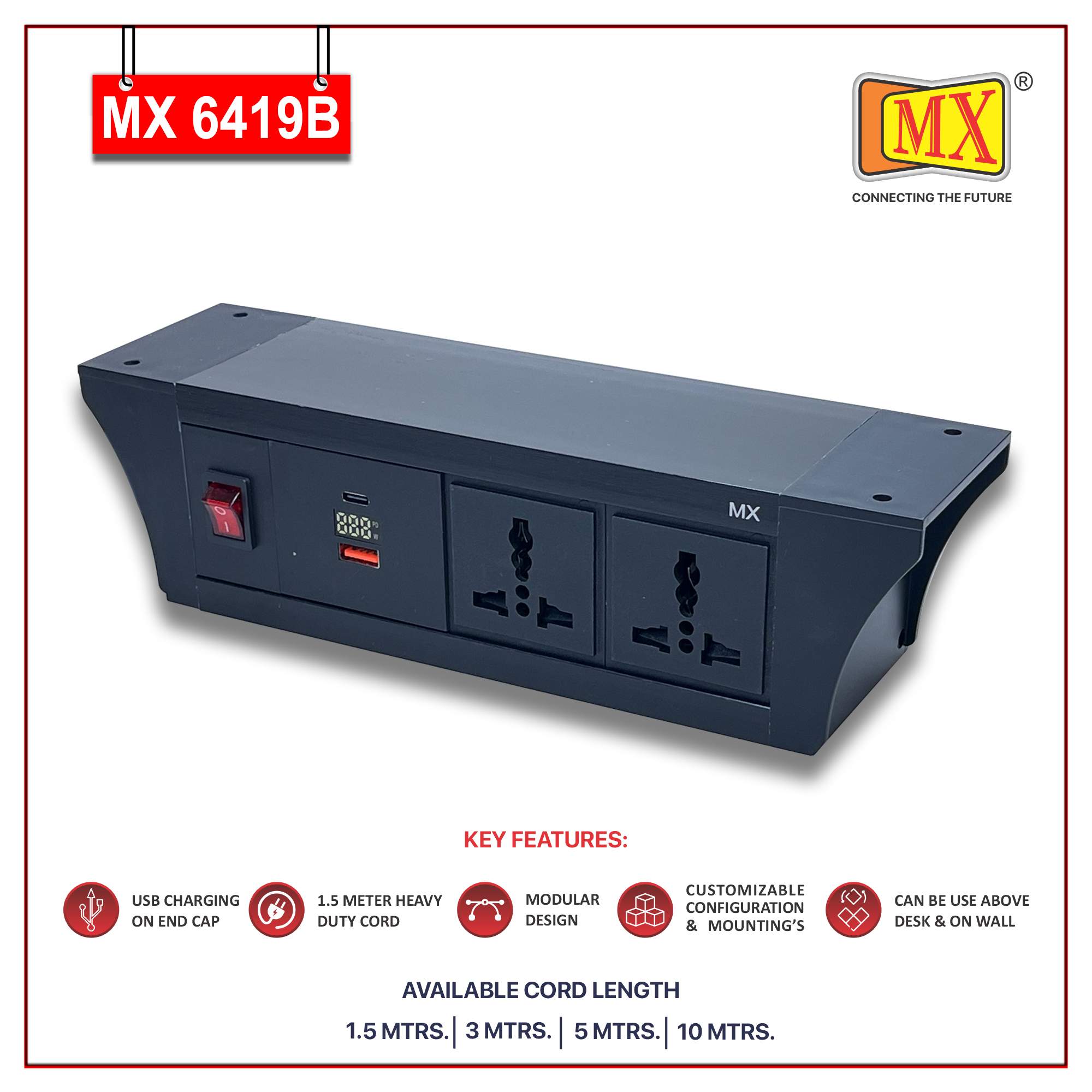 MX PDU Under table 6/13 Amps 2 Universal Socket | 2 USB (2.4 Amp) with 30W PD Charger With Display| Dual Pole LED Indicator Switch | 6 Amps Heavy Duty Cord 3 Meter with ISI Marked, Aluminium Body Material(MX 6419B-3M Black)