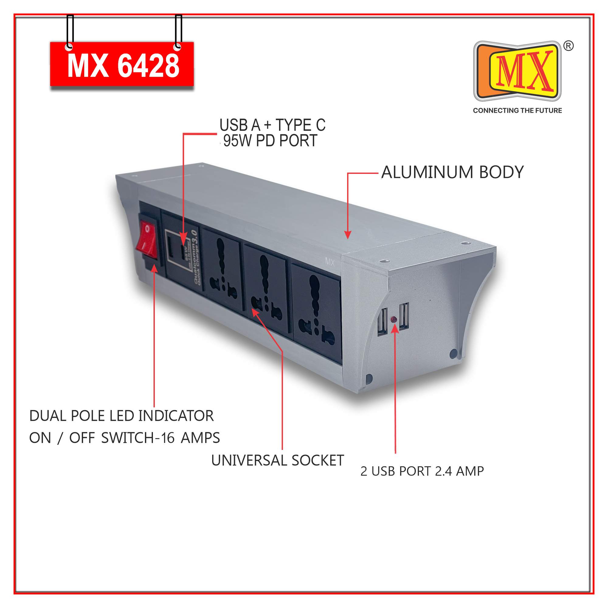MX PDU Under table 6/16 Amps 3 Universal Socket | 2 USB (2.4 Amp) with 95W PD Charger | Dual Pole LED Indicator Switch | 16 Amps Heavy Duty Cord 3 Meter with ISI Marked, Aluminium Body Material(MX 6428-3M Silver)