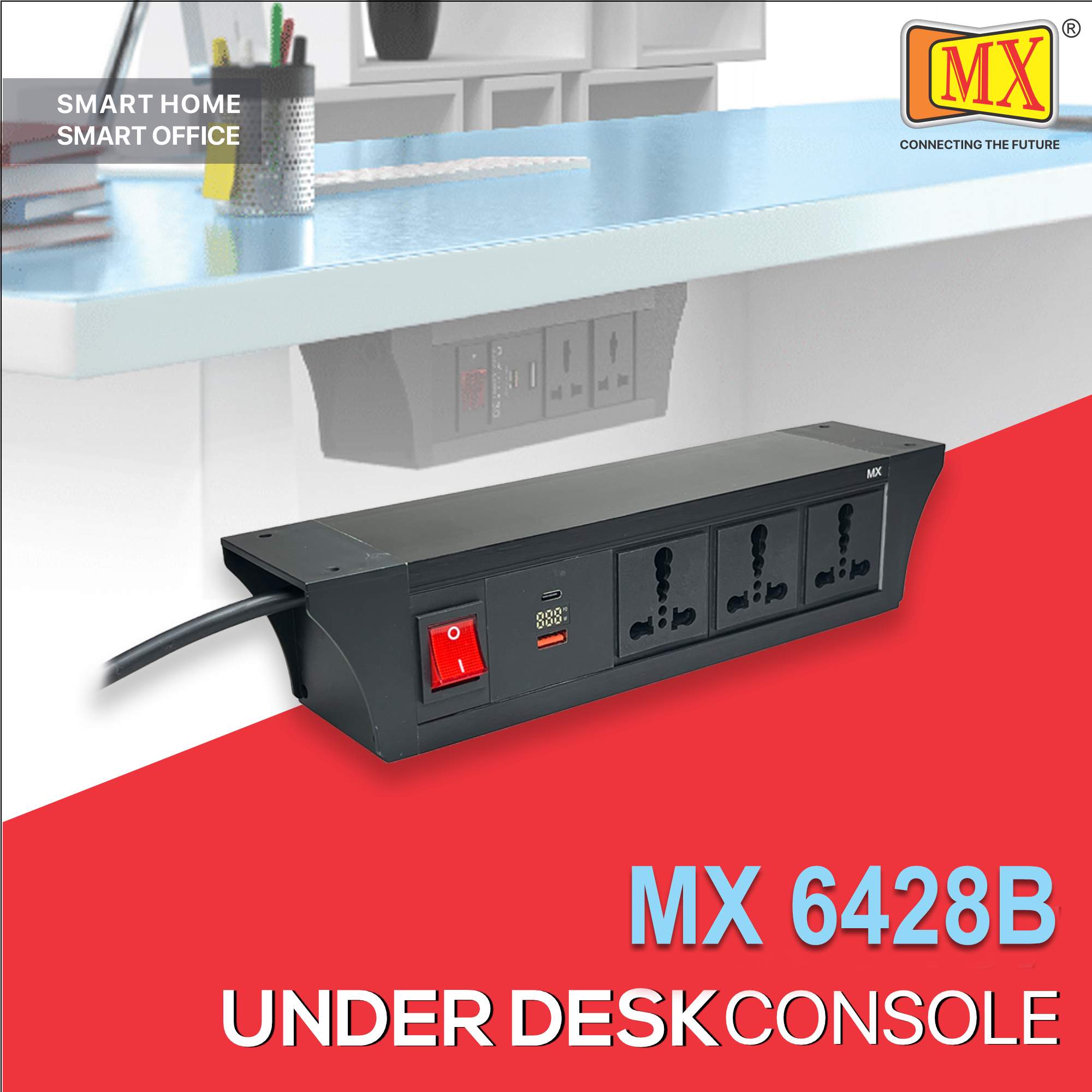 MX PDU Under table 6/16 Amps 3 Universal Socket | 2 USB (2.4 Amp) with 30W PD Charger With Display | Dual Pole LED Indicator Switch | 16 Amps Heavy Duty Cord 3 Meter with ISI Marked, Aluminium Body Material(MX 6428B-3M Black)