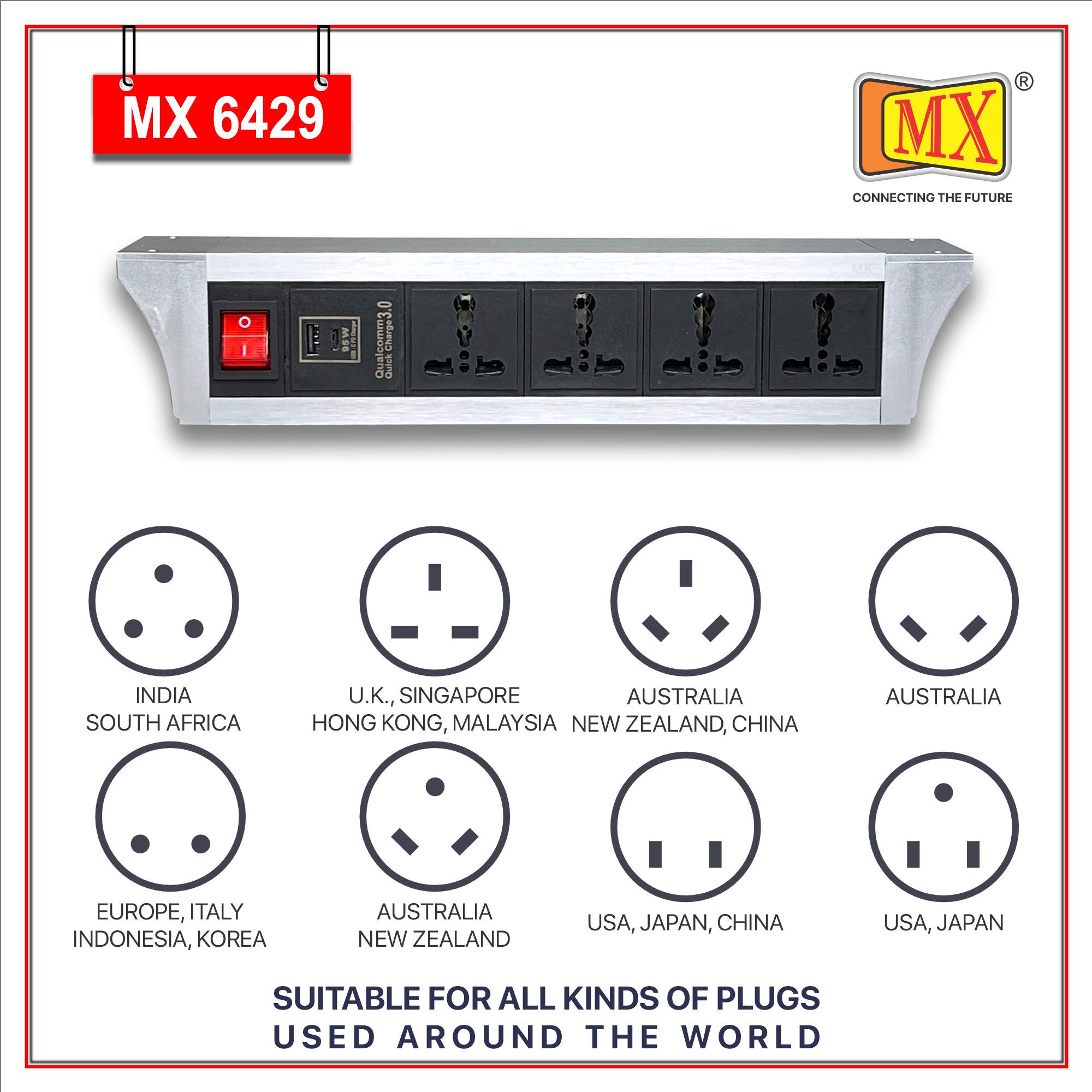 MX PDU Under table 6/16 Amps 4 Universal Socket | 2 USB (2.4 Amp) with 95W PD Charger | Dual Pole LED Indicator Switch | 16 Amps Heavy Duty Cord 10 Meter with ISI Marked, Aluminium Body Material(MX 6429-10M Silver)