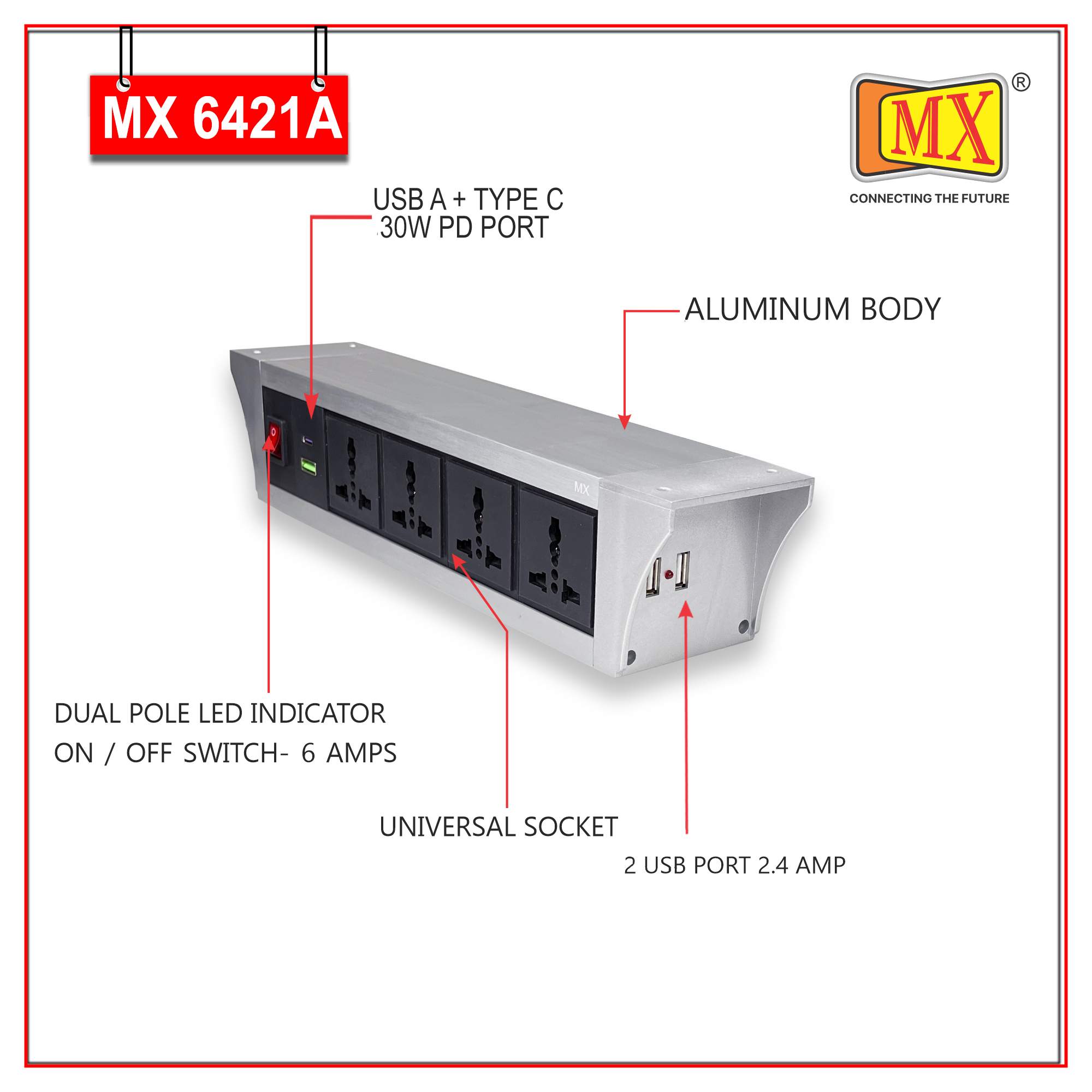 MX PDU Under table 6/13 Amps 4 Universal Socket | 2 USB (2.4 Amp) with 30W PD Charger | Dual Pole LED Indicator Switch | 6 Amps Heavy Duty Cord 3 Meter with ISI Marked, Aluminium Body Material(MX 6421A-3M Silver)