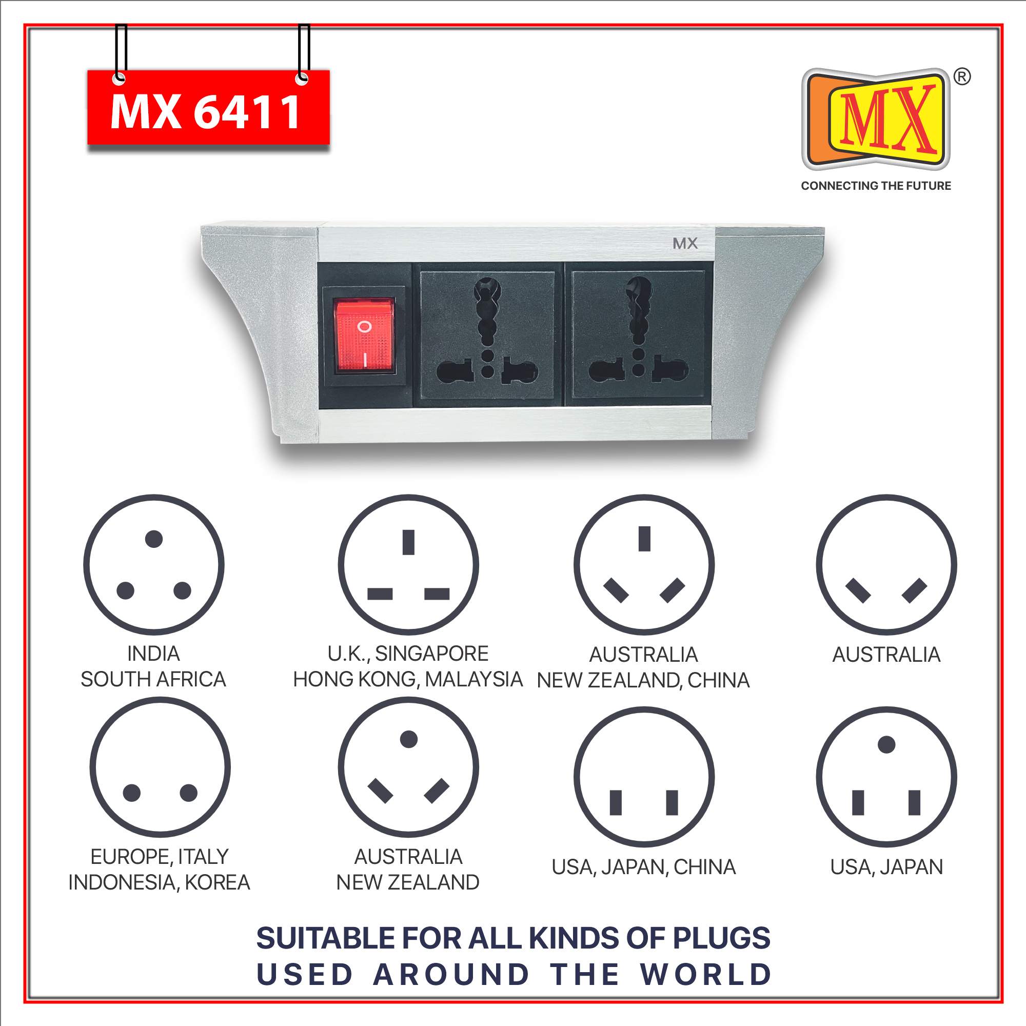 MX PDU Under table 6/16 Amps 2 Universal Socket | 2 USB (2.4 Amp) with Dual Pole LED Indicator Switch | 16 Amps Heavy Duty Cord 5 Meter with ISI Marked, Aluminium Body Material(MX 6411-5M Silver)