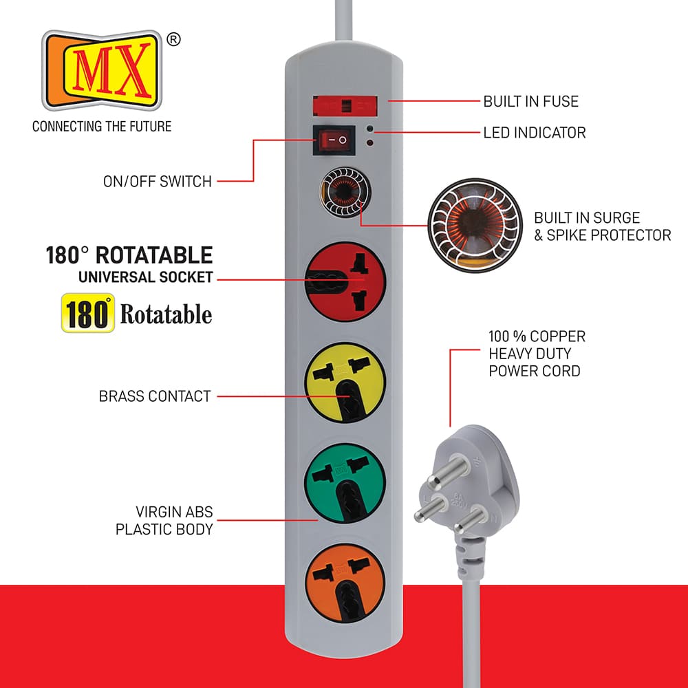 MX 4 Socket 180 Degree Rotatable  Surge & Spike Protector with 4 Universal Socket, Master Switch, Fuse, LED Indicator 3 mtr Cord Length for home appliances like electric cooktop & Stove