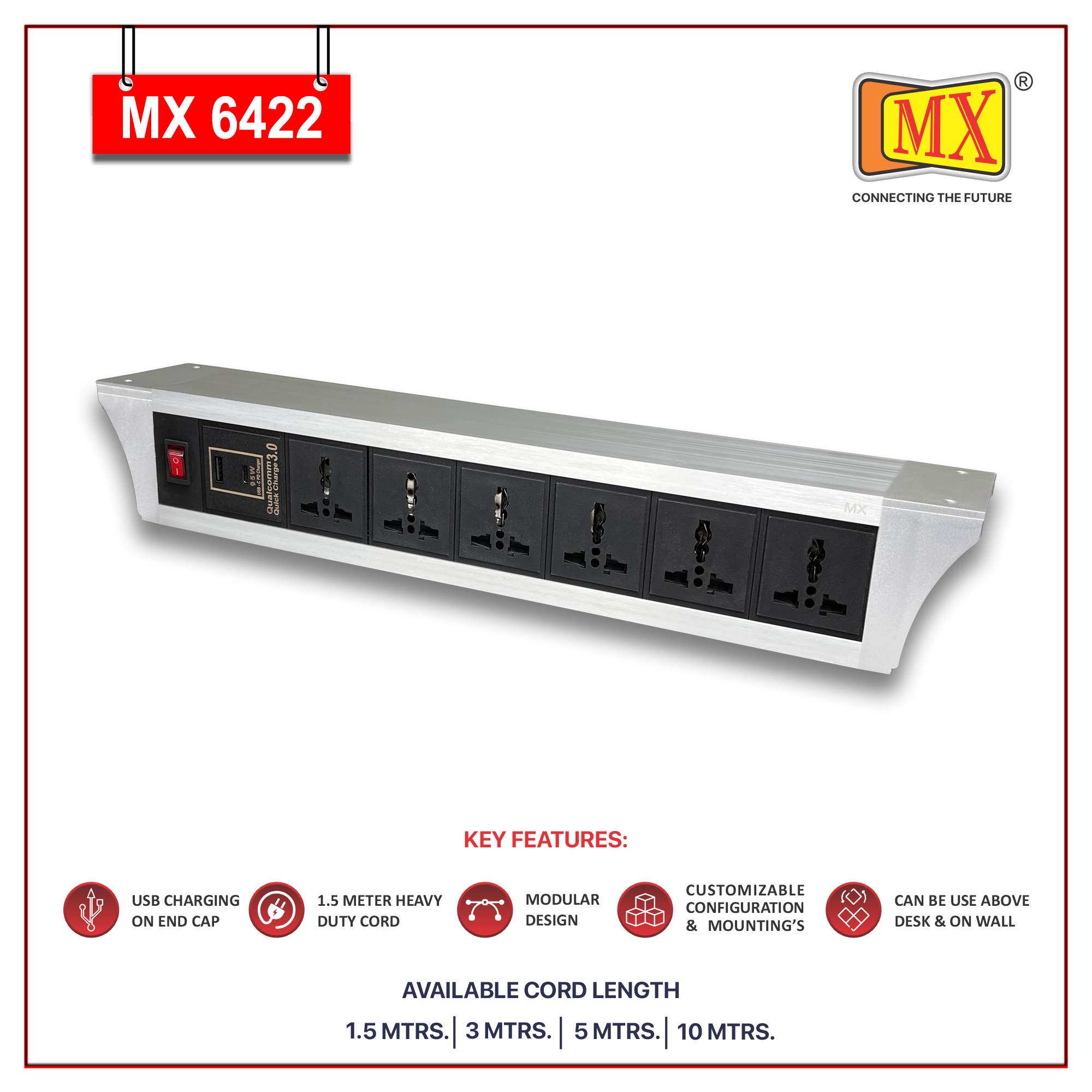 MX PDU Under table 6/13 Amps 6 Universal Socket | 2 USB (2.4 Amp) with 95W PD Charger | Dual Pole LED Indicator Switch | 6 Amps Heavy Duty Cord 3 Meter with ISI Marked, Aluminium Body Material(MX 6422-3M Silver)