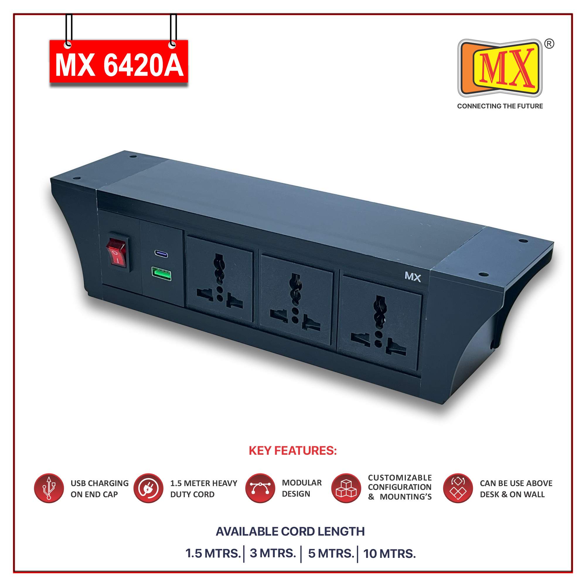 MX PDU Under table 6/13 Amps 3 Universal Socket | 2 USB (2.4 Amp) with 30W PD Charger | Dual Pole LED Indicator Switch | 6 Amps Heavy Duty Cord 3 Meter with ISI Marked, Aluminium Body Material(MX 6420A-3M Black)