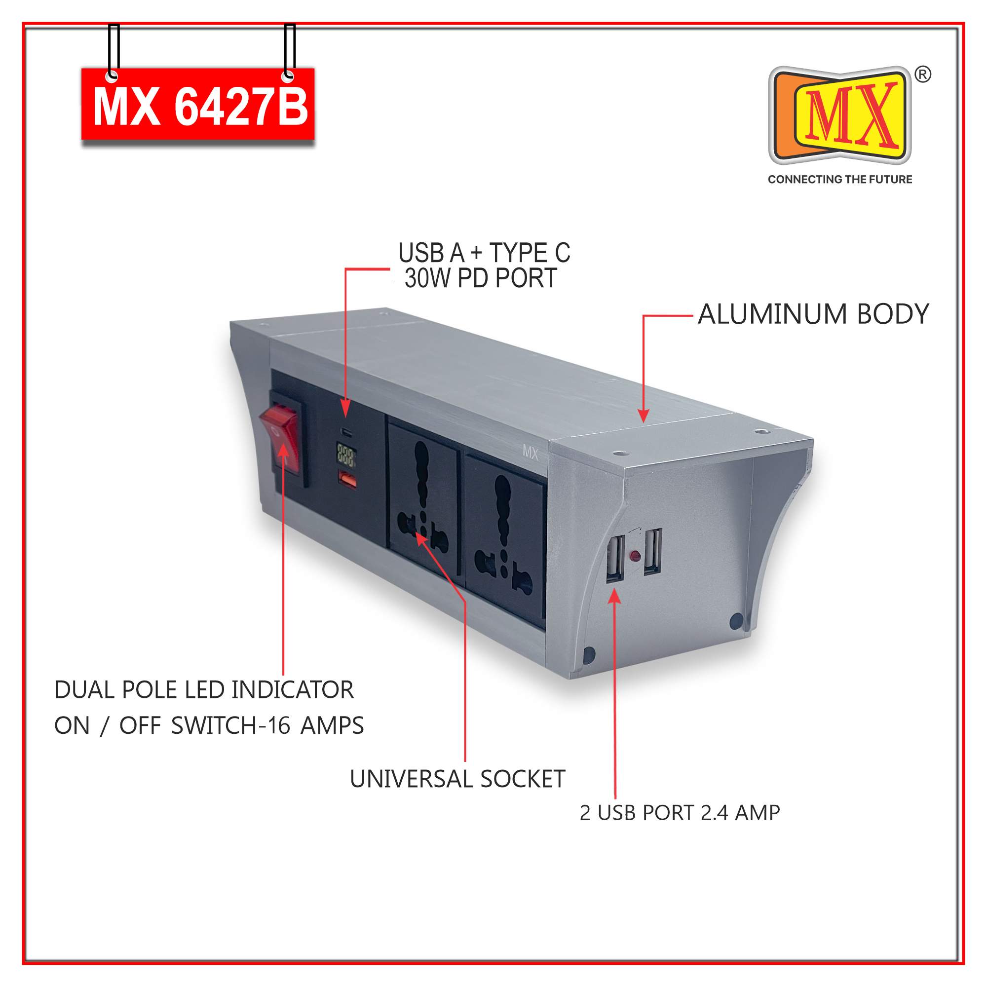 MX PDU Under table 6/16 Amps 2 Universal Socket | 2 USB (2.4 Amp) with 30W PD Charger With Display | Dual Pole LED Indicator Switch | 16 Amps Heavy Duty Cord 3 Meter with ISI Marked, Aluminium Body Material(MX 6427B-3M Silver)