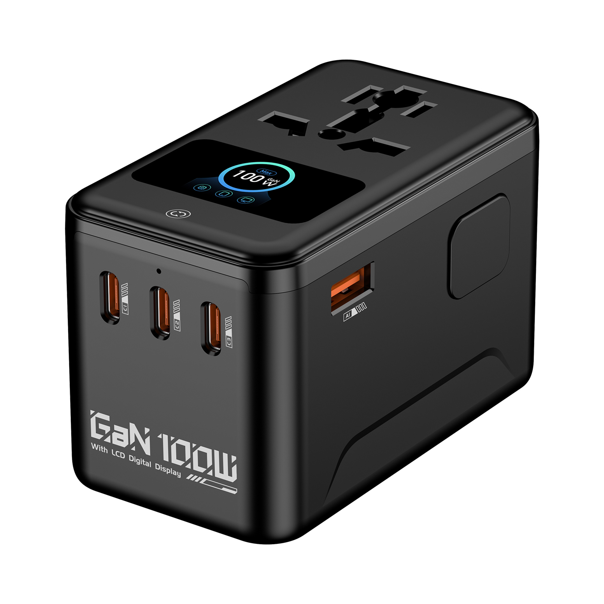 MX 100W GaN Universal Travel Adapter Smart LCD Display Fast Charging Station, Multi Device Charger, USB-C PD 100W International Plug Adapter for 200+ Countries | MacBook, iPhone, Samsung & Laptop
