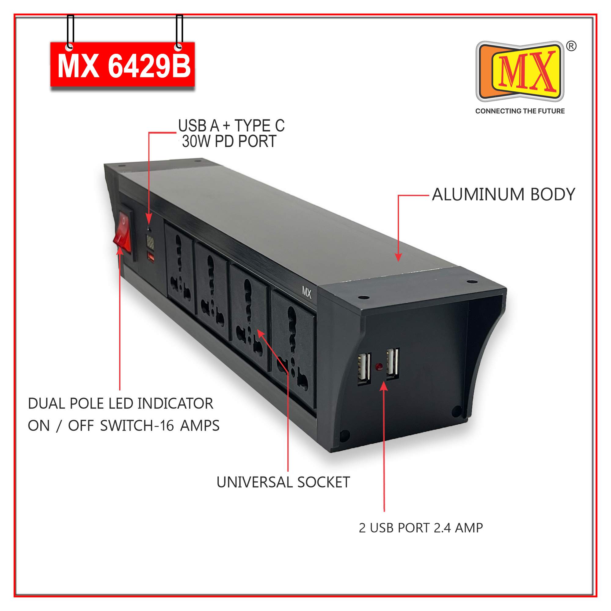 MX PDU Under table 6/16 Amps 4 Universal Socket | 2 USB (2.4 Amp) with 30W PD Charger With Display | Dual Pole LED Indicator Switch | 16 Amps Heavy Duty Cord 3 Meter with ISI Marked, Aluminium Body Material(MX 6429B-3M Black)