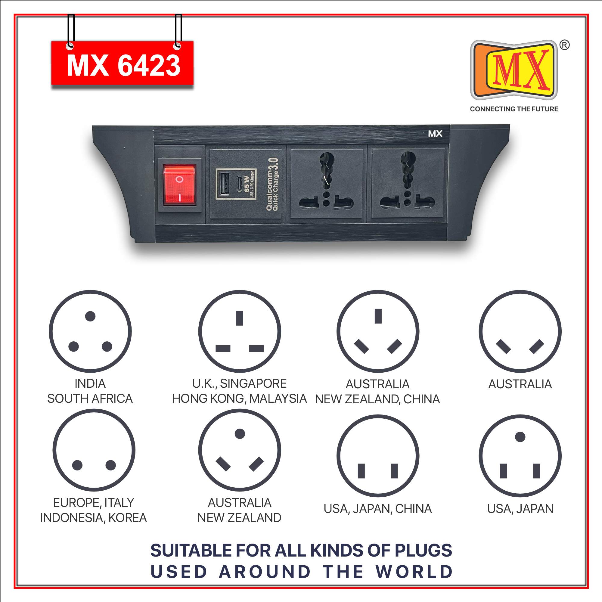 MX PDU Under table 6/16 Amps 2 Universal Socket | 2 USB (2.4 Amp) with 65W PD Charger | Dual Pole LED Indicator Switch | 16 Amps Heavy Duty Cord 10 Meter with ISI Marked, Aluminium Body Material(MX 6423-10M Black)