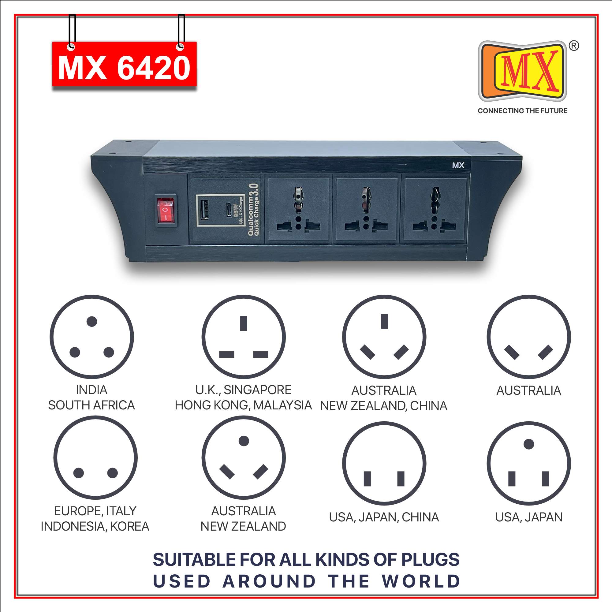 MX PDU Under table 6/13 Amps 3 Universal Socket | 2 USB (2.4 Amp) with 95W PD Charger | Dual Pole LED Indicator Switch | 6 Amps Heavy Duty Cord 5 Meter with ISI Marked, Aluminium Body Material(MX 6420-5M Black)