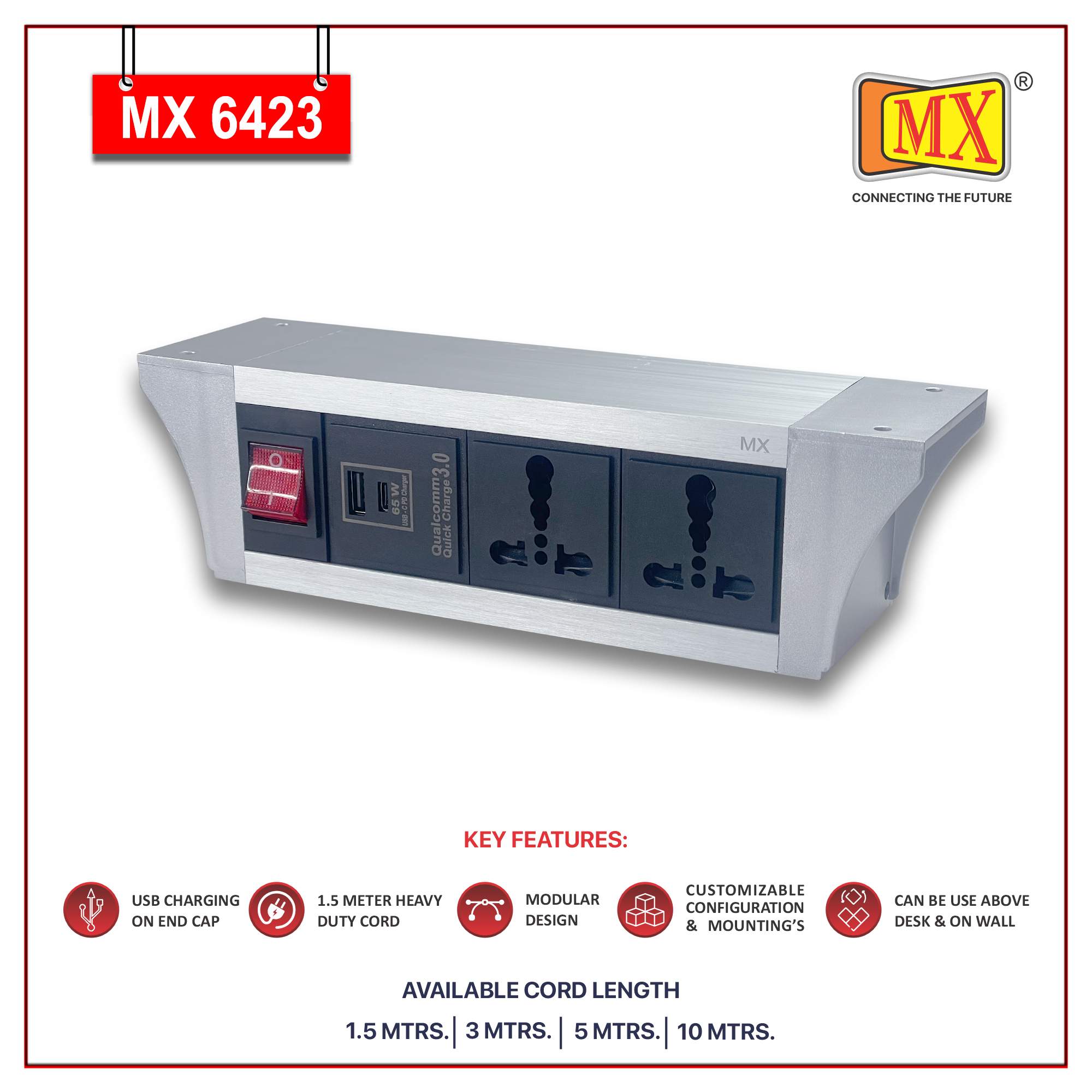 MX PDU Under table 6/16 Amps 2 Universal Socket | 2 USB (2.4 Amp) with 65W PD Charger | Dual Pole LED Indicator Switch | 16 Amps Heavy Duty Cord 10 Meter with ISI Marked, Aluminium Body Material(MX 6423-10M Silver)