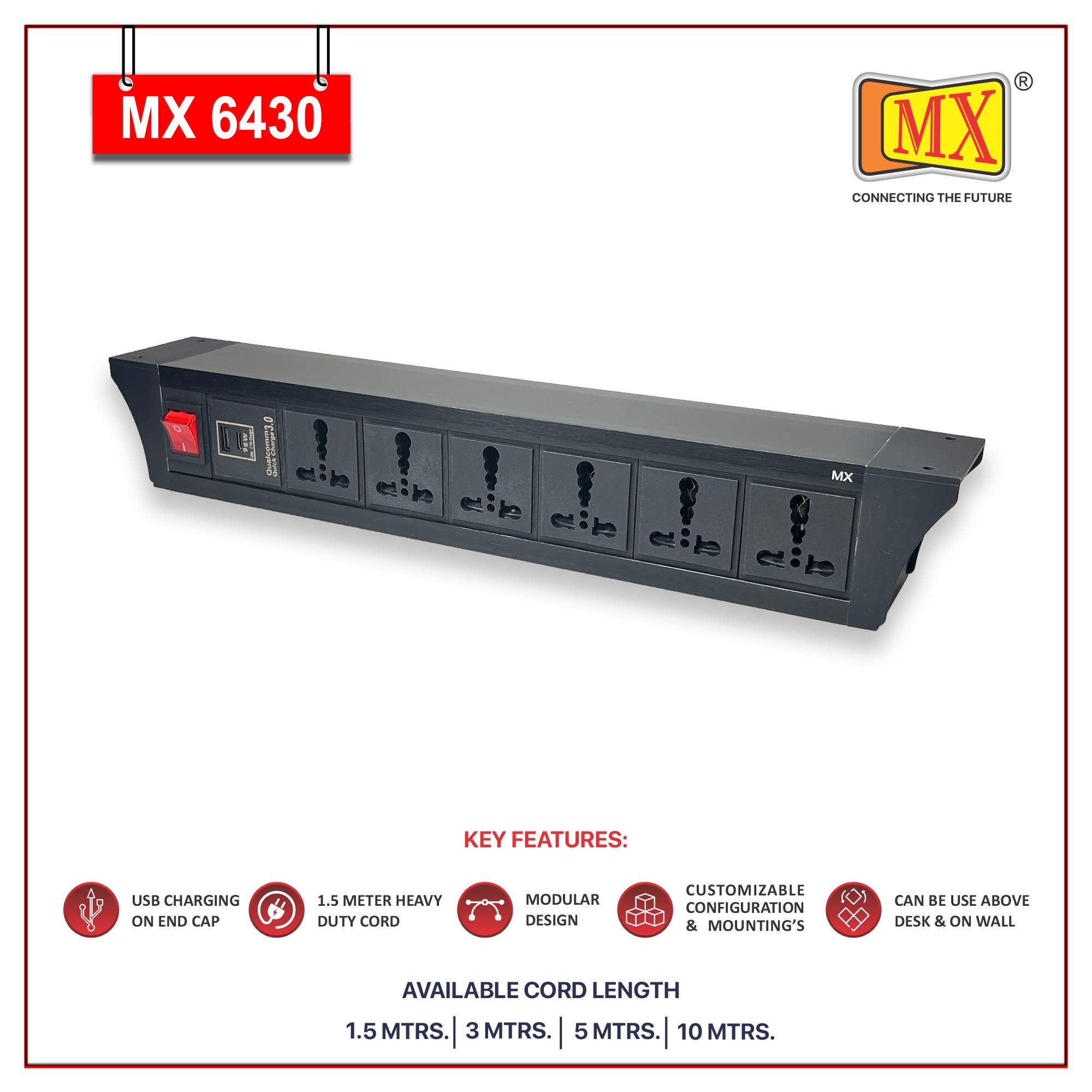 MX PDU Under table 6/16 Amps 6 Universal Socket | 2 USB (2.4 Amp) with 95W PD Charger | Dual Pole LED Indicator Switch | 16 Amps Heavy Duty Cord 10 Meter with ISI Marked, Aluminium Body Material(MX 6430-10M Black)