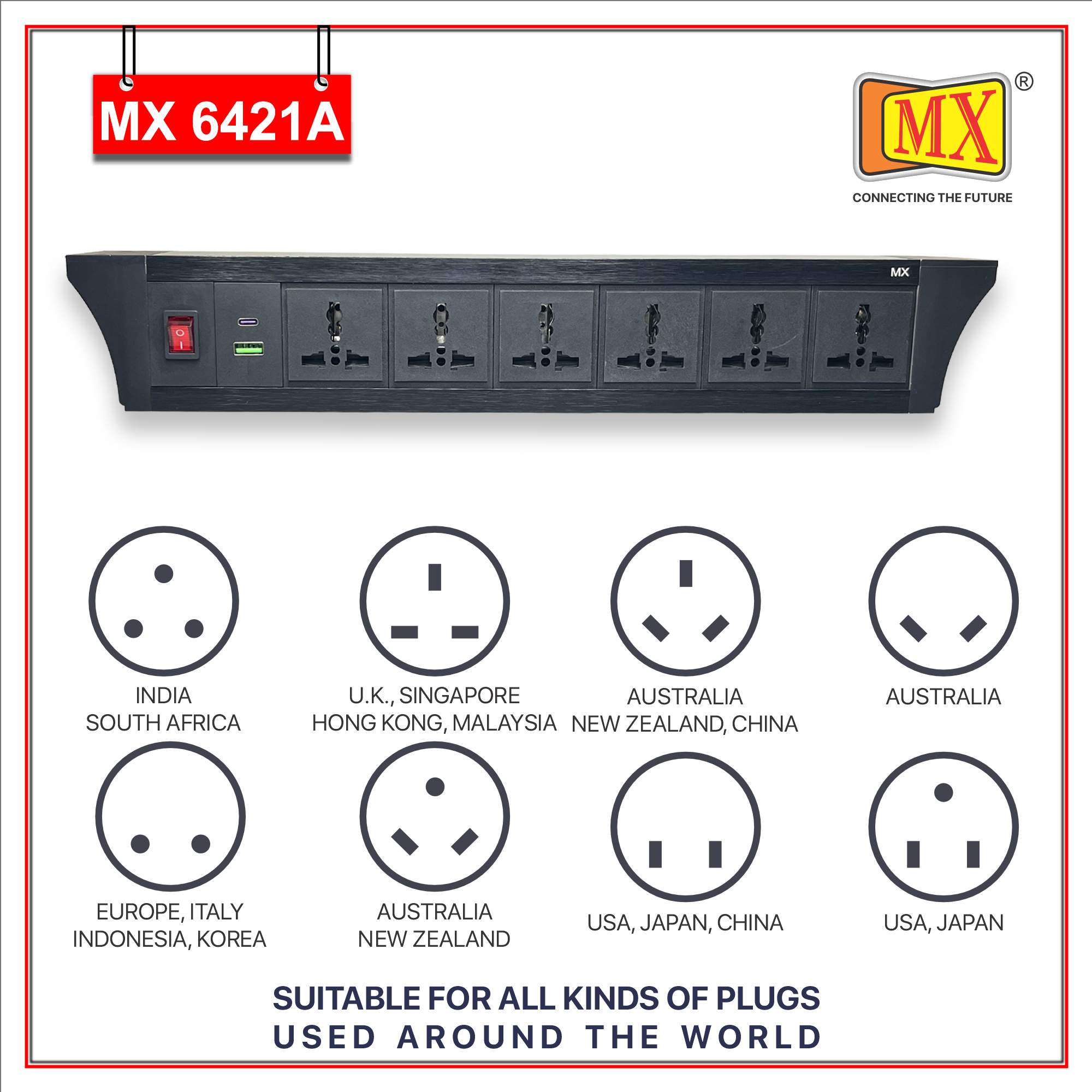 MX PDU Under table 6/13 Amps 6 Universal Socket | 2 USB (2.4 Amp) with 30W PD Charger | Dual Pole LED Indicator Switch | 6 Amps Heavy Duty Cord 3 Meter with ISI Marked, Aluminium Body Material(MX 6422A-3M Black)