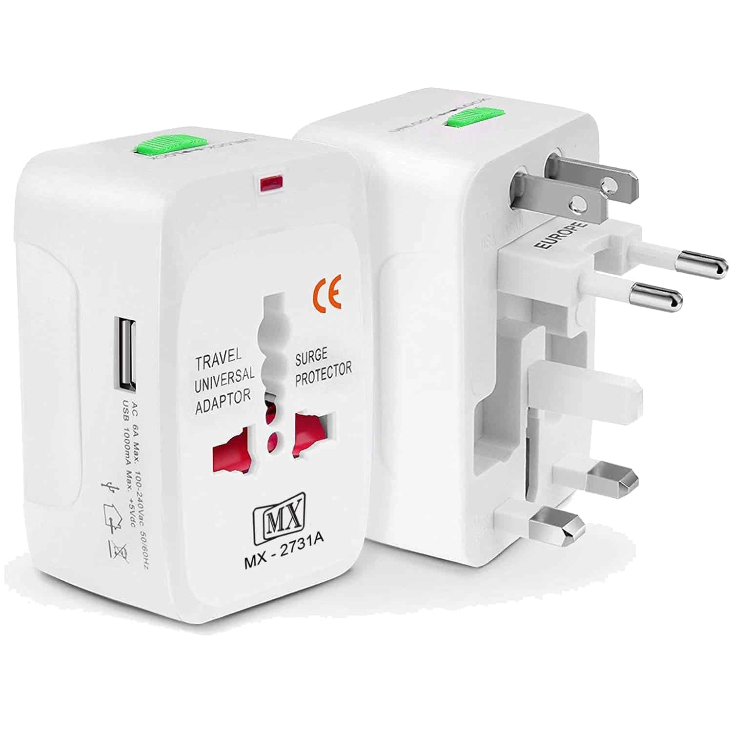 MX Universal Travel Adaptor with Build in USB Charger Port with 250V, Surge/Spike Protected Electrical Plug White (Pack of 2)