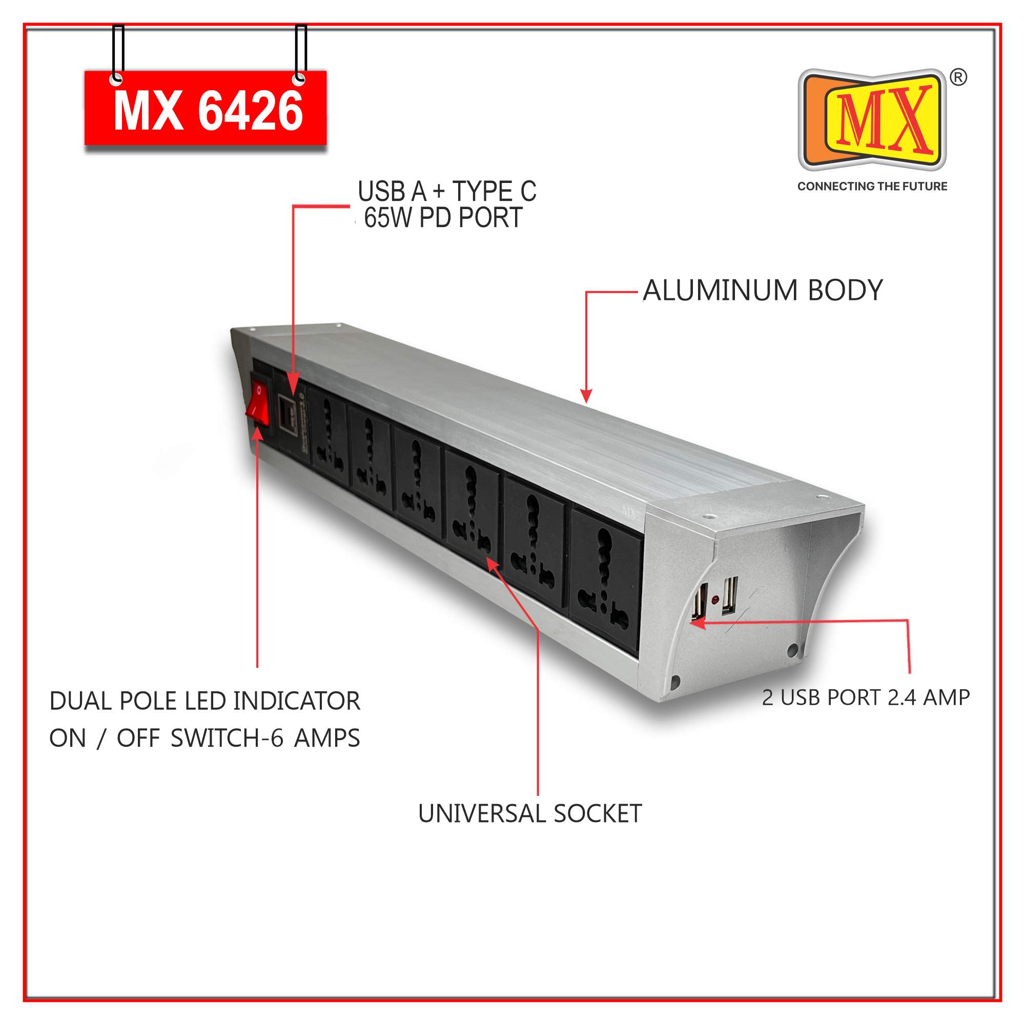 MX PDU Under table 6/16 Amps 6 Universal Socket | 2 USB (2.4 Amp) with 65W PD Charger | Dual Pole LED Indicator Switch | 16 Amps Heavy Duty Cord 1.5 Meter with ISI Marked, Aluminium Body Material(MX 6426-1.5M Silver)