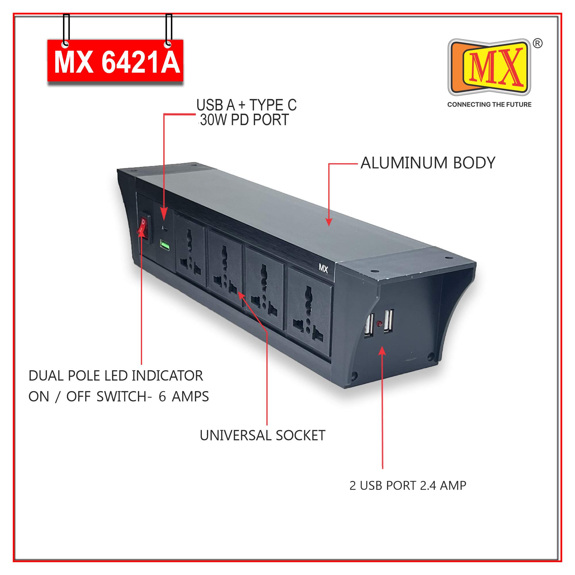 MX PDU Under table 6/13 Amps 4 Universal Socket | 2 USB (2.4 Amp) with 30W PD Charger | Dual Pole LED Indicator Switch | 6 Amps Heavy Duty Cord 5 Meter with ISI Marked, Aluminium Body Material(MX 6421A-5M Black)