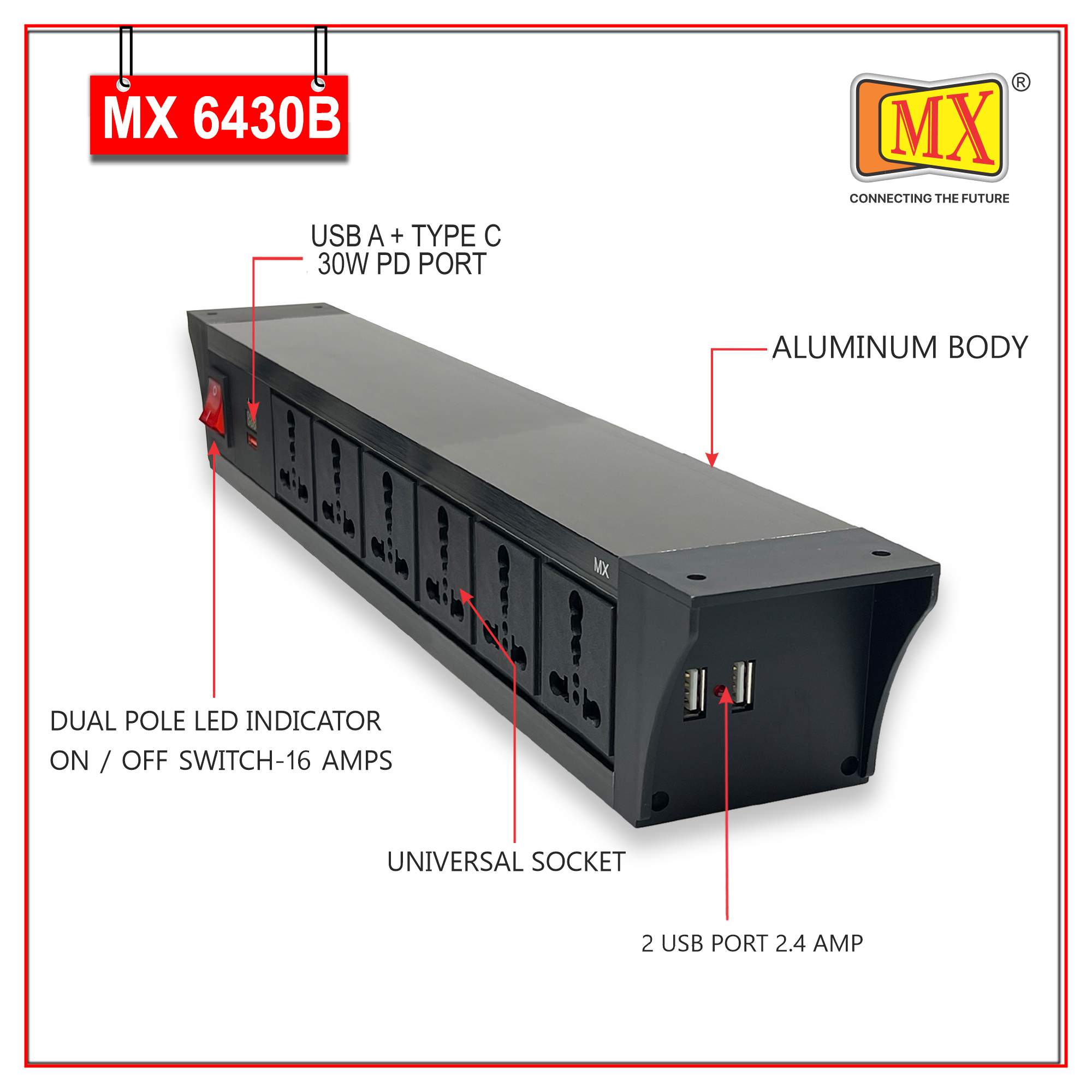 MX PDU Under table 6/16 Amps 6 Universal Socket | 2 USB (2.4 Amp) with 30W PD Charger With Display | Dual Pole LED Indicator Switch | 16 Amps Heavy Duty Cord 5 Meter with ISI Marked, Aluminium Body Material(MX 6430B-5M Black)
