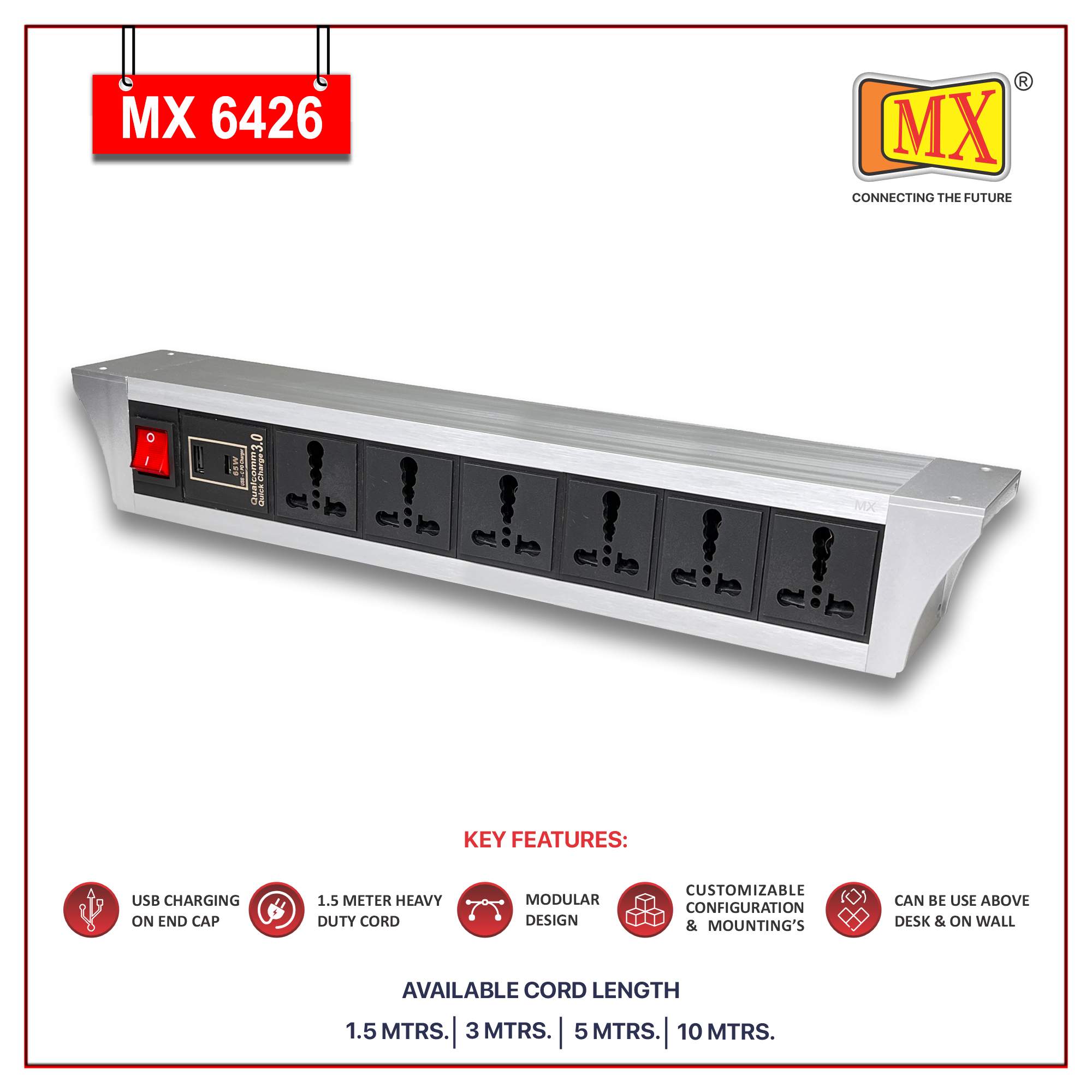 MX PDU Under table 6/16 Amps 6 Universal Socket | 2 USB (2.4 Amp) with 65W PD Charger | Dual Pole LED Indicator Switch | 16 Amps Heavy Duty Cord 10 Meter with ISI Marked, Aluminium Body Material(MX 6426-10M Silver)
