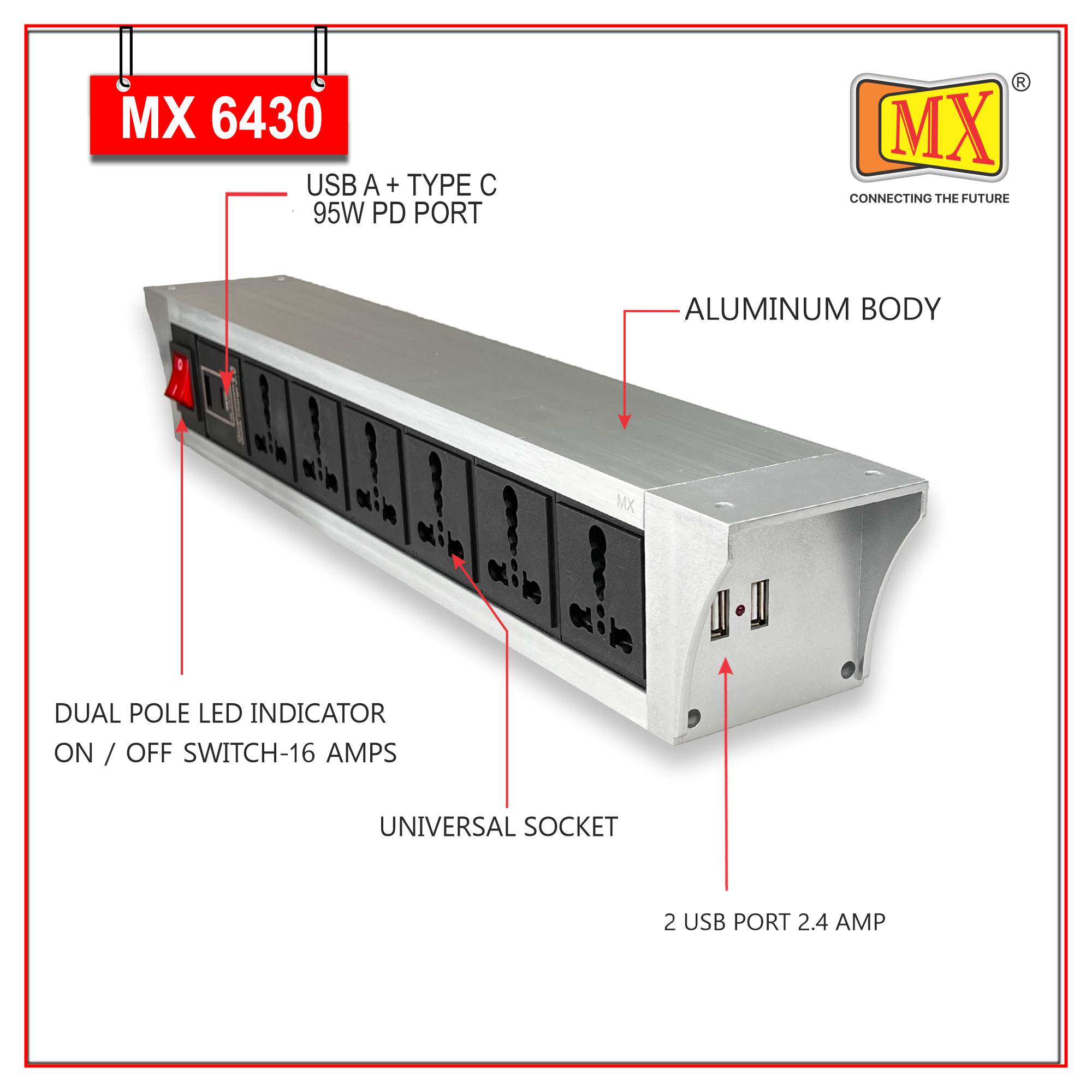 MX PDU Under table 6/16 Amps 6 Universal Socket | 2 USB (2.4 Amp) with 95W PD Charger | Dual Pole LED Indicator Switch | 16 Amps Heavy Duty Cord 10 Meter with ISI Marked, Aluminium Body Material(MX 6430-10M Silver)