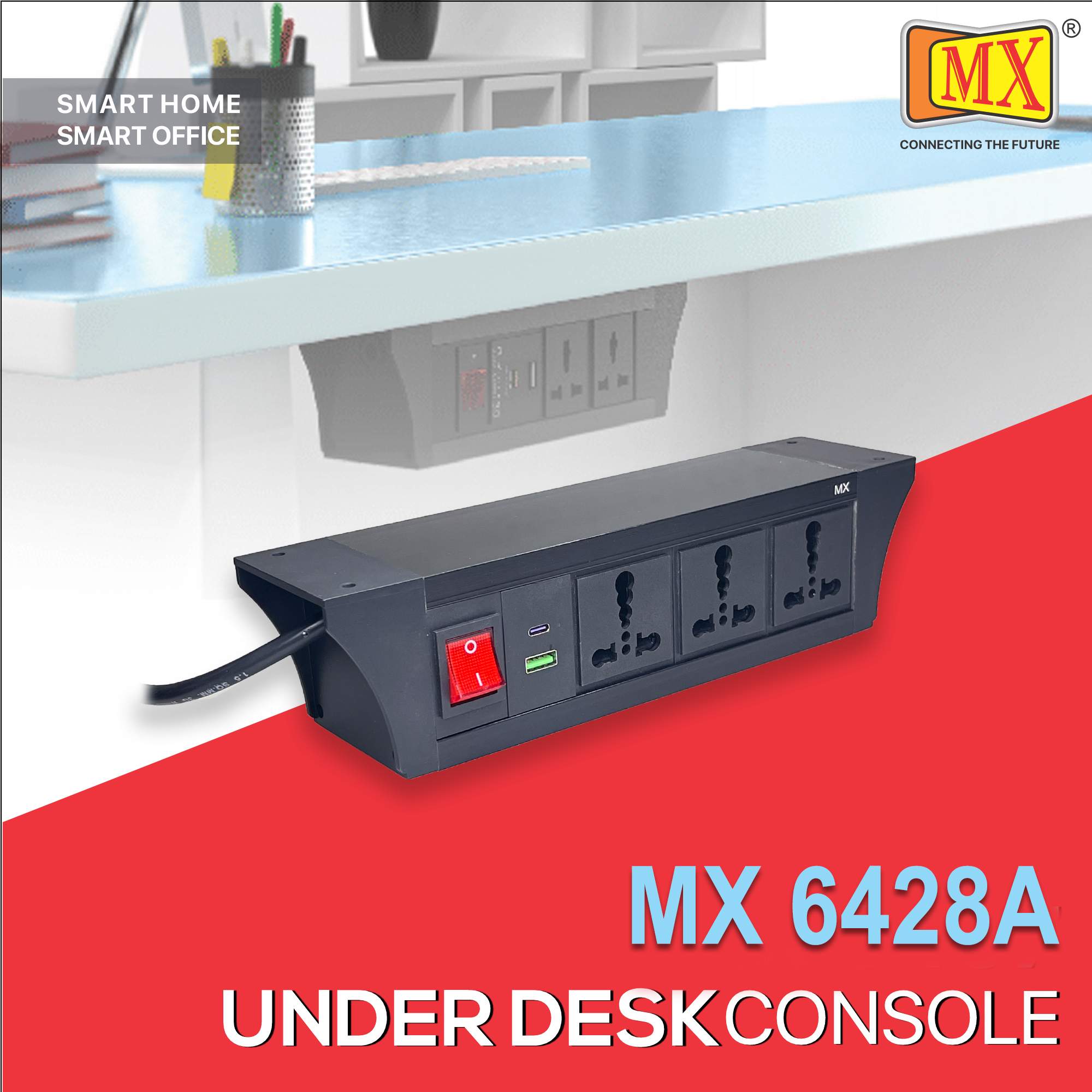 MX PDU Under table 6/16 Amps 3 Universal Socket | 2 USB (2.4 Amp) with 30W PD Charger | Dual Pole LED Indicator Switch | 16 Amps Heavy Duty Cord 1.5 Meter with ISI Marked, Aluminium Body Material(MX 6428A-1.5M Black)