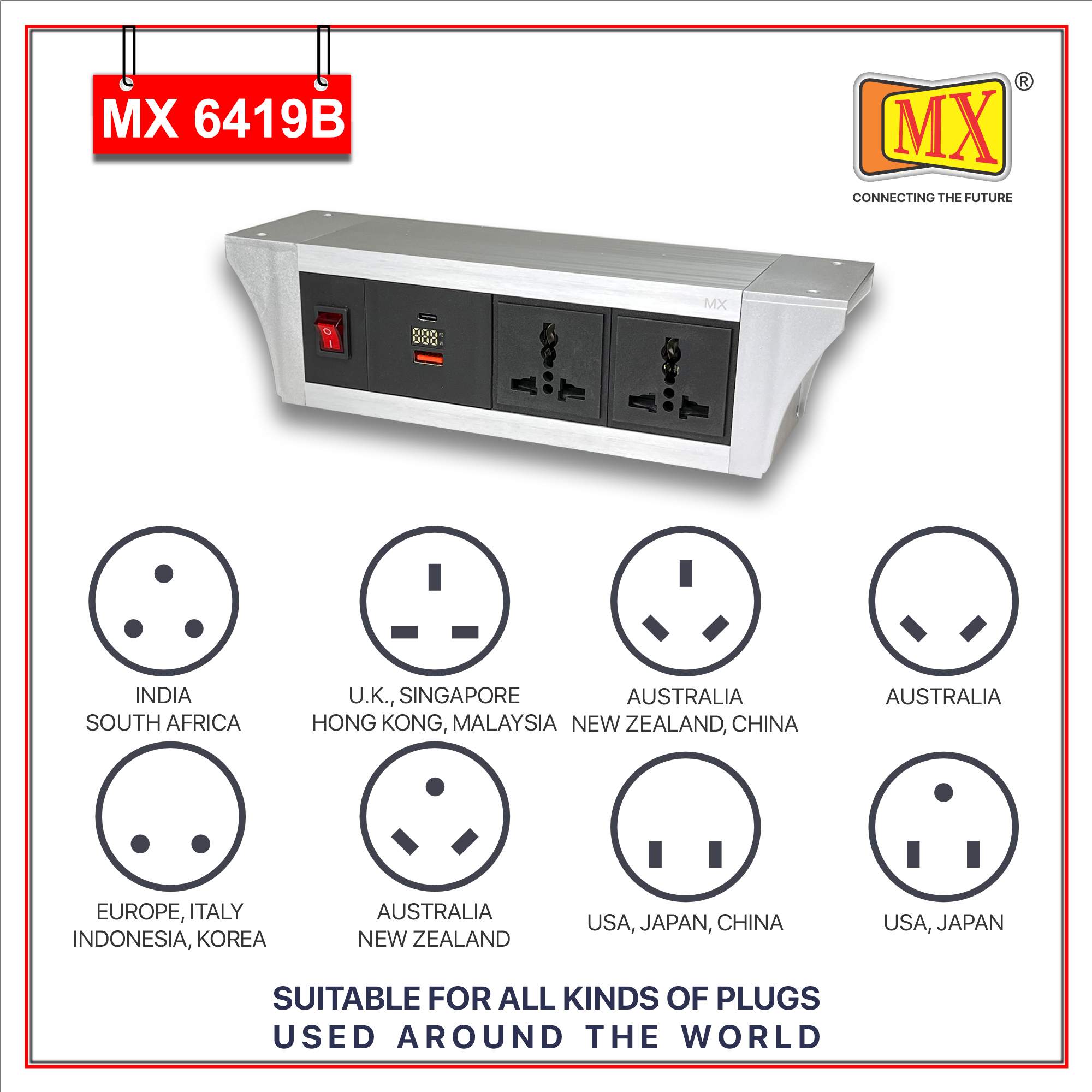 MX PDU Under table 6/13 Amps 2 Universal Socket | 2 USB (2.4 Amp) with 30W PD Charger With Display | Dual Pole LED Indicator Switch | 6 Amps Heavy Duty Cord 10 Meter with ISI Marked, Aluminium Body Material(MX 6419B-10M Silver)