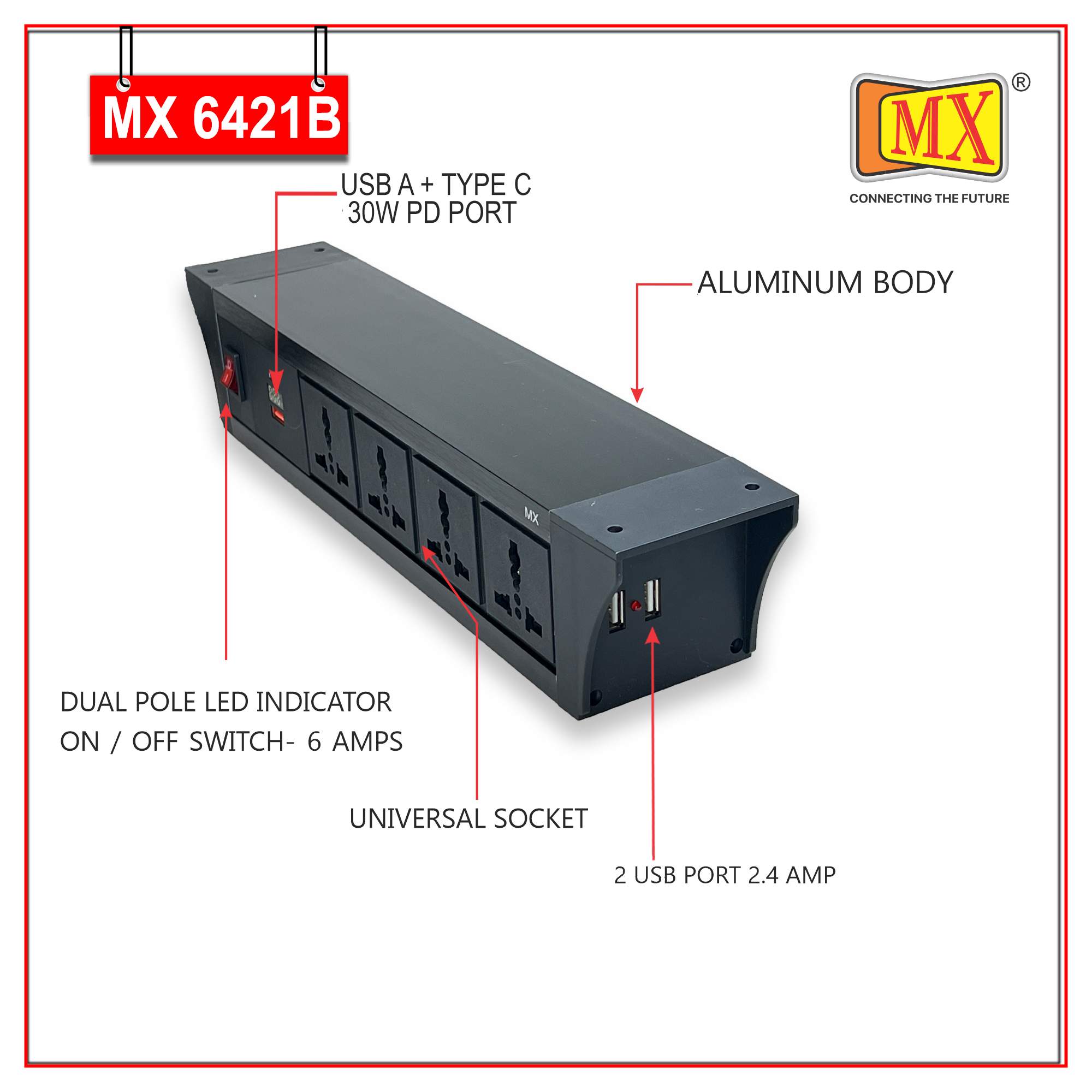 MX PDU Under table 6/13 Amps 4 Universal Socket | 2 USB (2.4 Amp) with 30W PD Charger With Display | Dual Pole LED Indicator Switch | 6 Amps Heavy Duty Cord 10 Meter with ISI Marked, Aluminium Body Material(MX 6421B-10M Black)