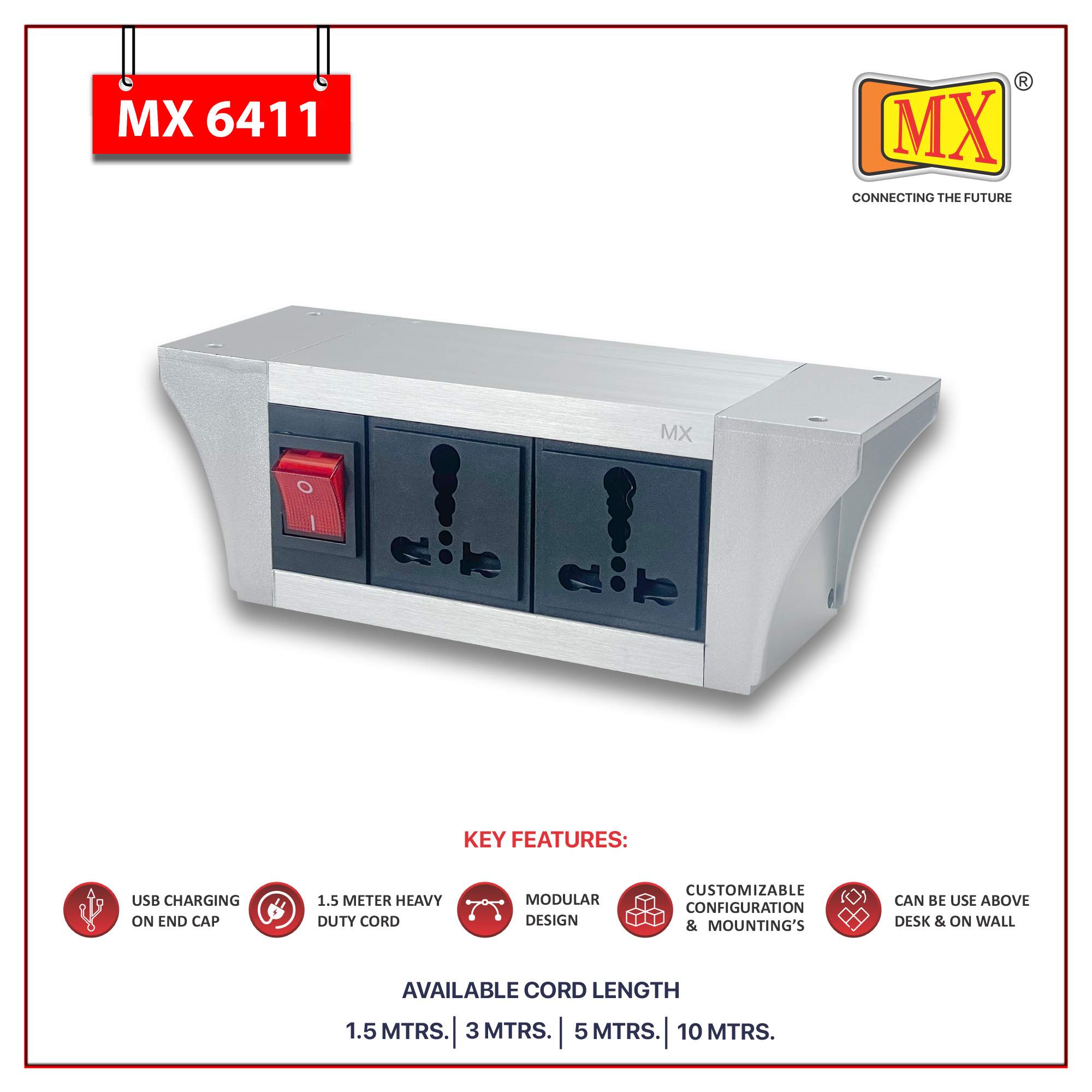 MX PDU Under table 6/16 Amps 2 Universal Socket | 2 USB (2.4 Amp) with Dual Pole LED Indicator Switch | 16 Amps Heavy Duty Cord 5 Meter with ISI Marked, Aluminium Body Material(MX 6411-5M Silver)