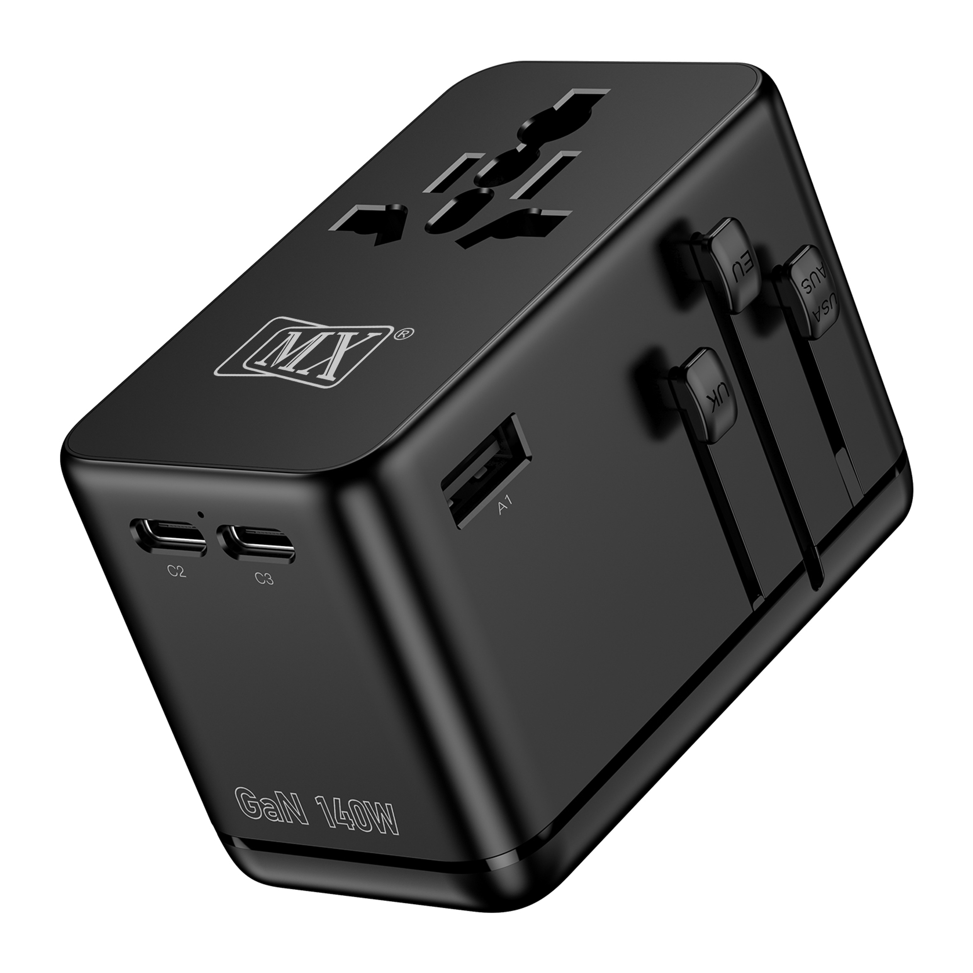 MX GaN 140W Universal Travel Adapter with 2 AC Outlets, 3 USB-C & 1 USB-A Ports, 6-in-1 International Power Adapter for Worldwide Travel, Type A/C/G/I Plugs, 200+ Countries Fast Charging Adapter