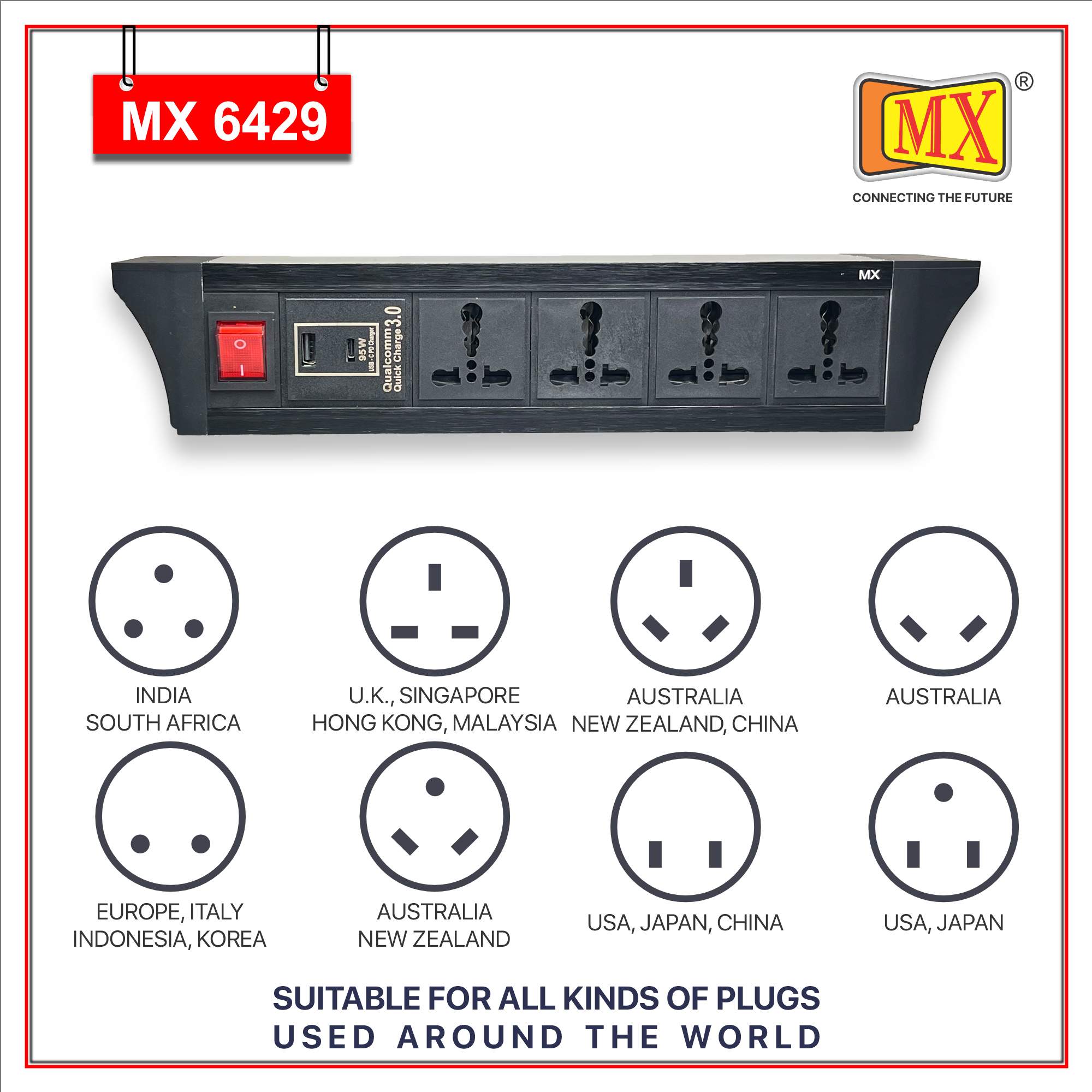 MX PDU Under table 6/16 Amps 4 Universal Socket | 2 USB (2.4 Amp) with 95W PD Charger | Dual Pole LED Indicator Switch | 16 Amps Heavy Duty Cord 10 Meter with ISI Marked, Aluminium Body Material(MX 6429-10M Black)