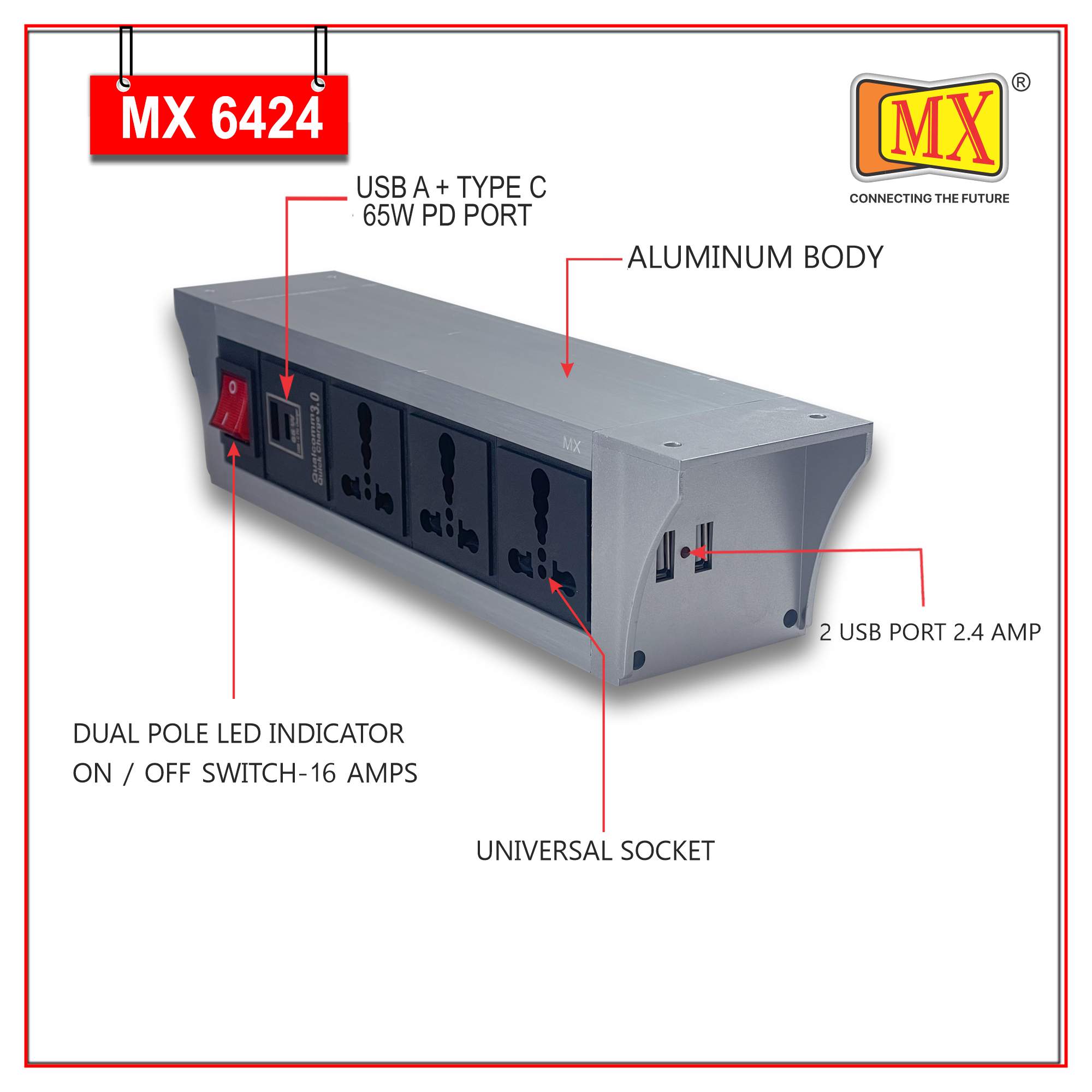 MX PDU Under table 6/16 Amps 3 Universal Socket | 2 USB (2.4 Amp) with 65W PD Charger | Dual Pole LED Indicator Switch | 16 Amps Heavy Duty Cord 5 Meter with ISI Marked, Aluminium Body Material(MX 6424-5M Silver)