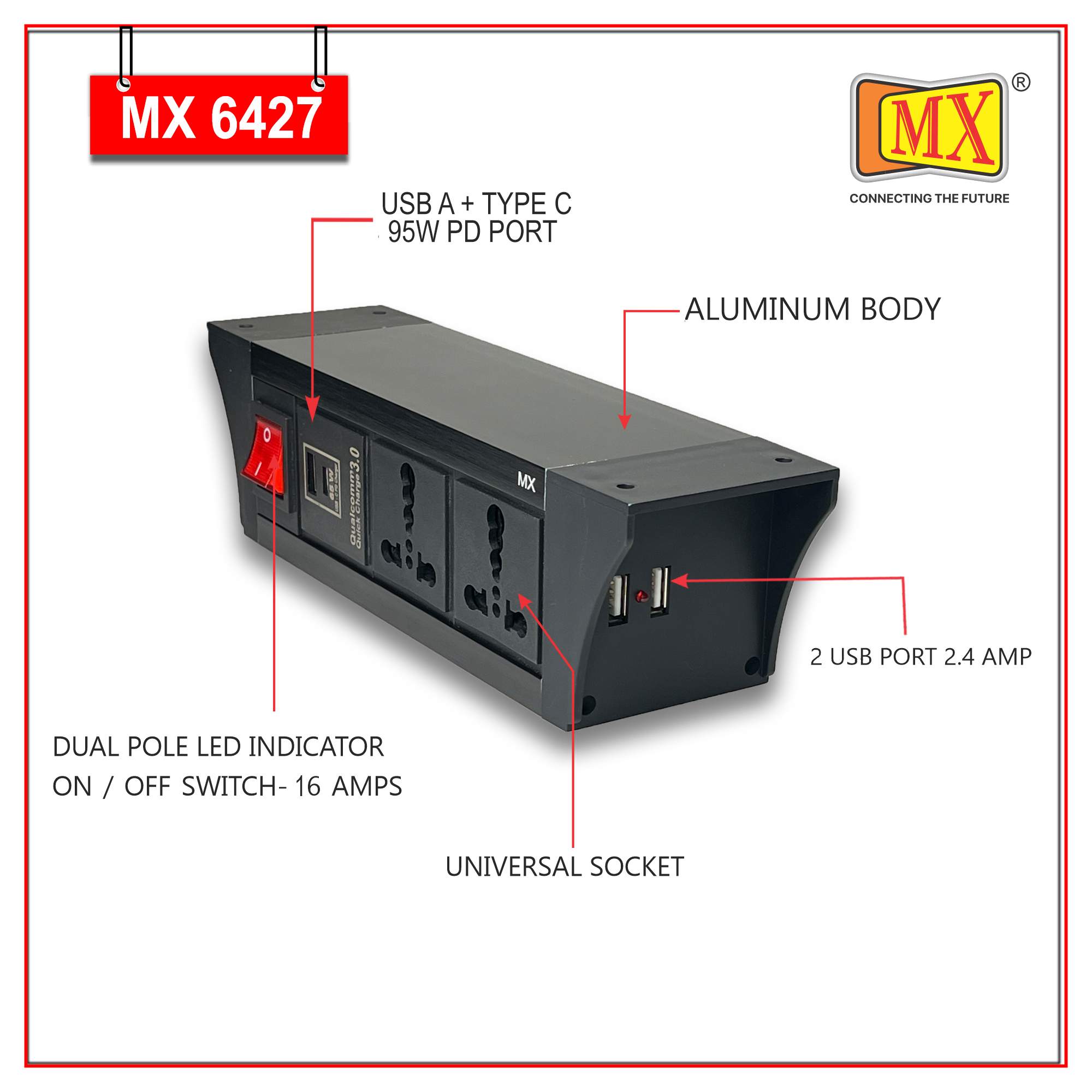 MX PDU Under table 6/16 Amps 2 Universal Socket | 2 USB (2.4 Amp) with 95W PD Charger | Dual Pole LED Indicator Switch | 16 Amps Heavy Duty Cord 1.5 Meter with ISI Marked, Aluminium Body Material(MX 6427-1.5M Black)