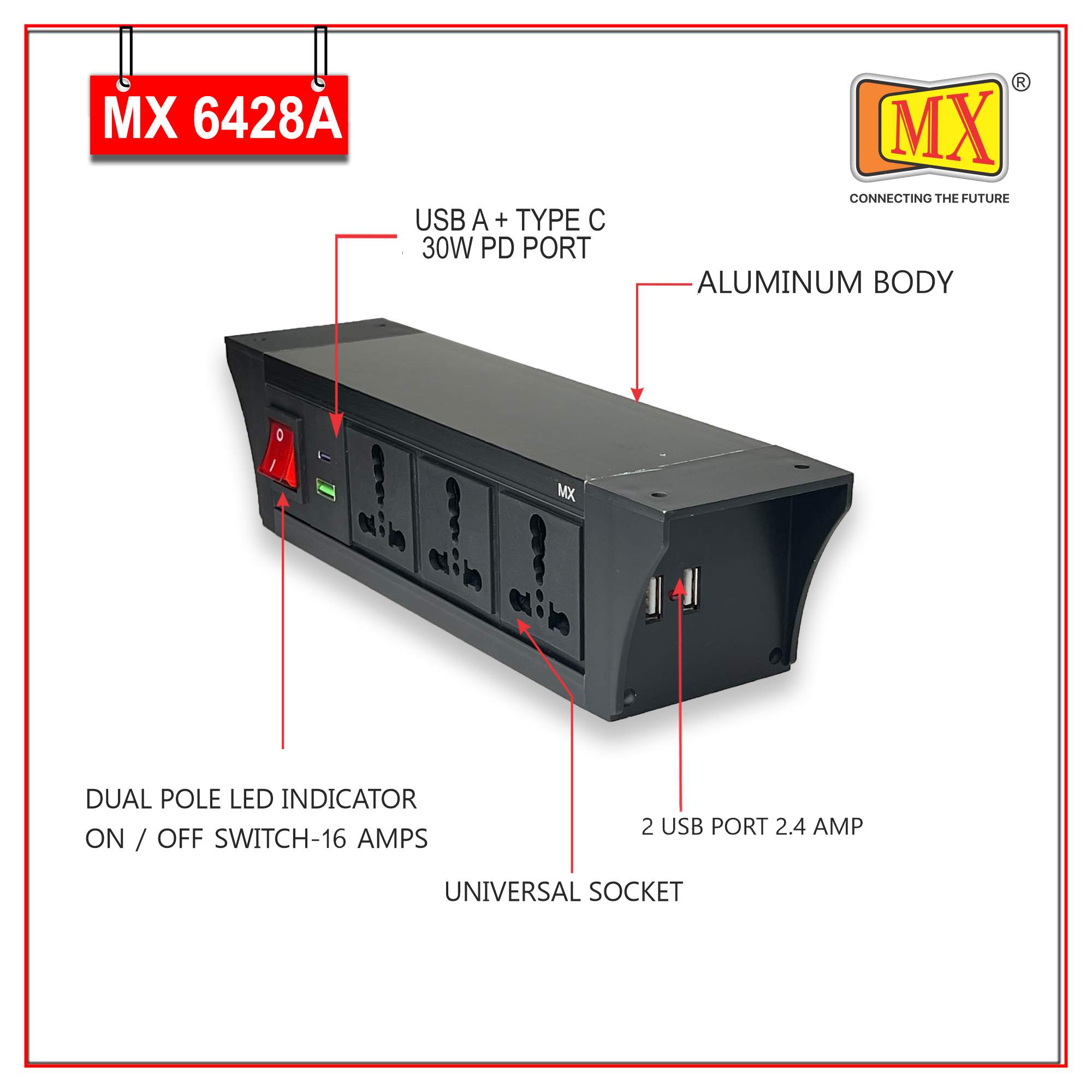 MX PDU Under table 6/16 Amps 3 Universal Socket | 2 USB (2.4 Amp) with 30W PD Charger | Dual Pole LED Indicator Switch | 16 Amps Heavy Duty Cord 5 Meter with ISI Marked, Aluminium Body Material(MX 6428A-5M Black)