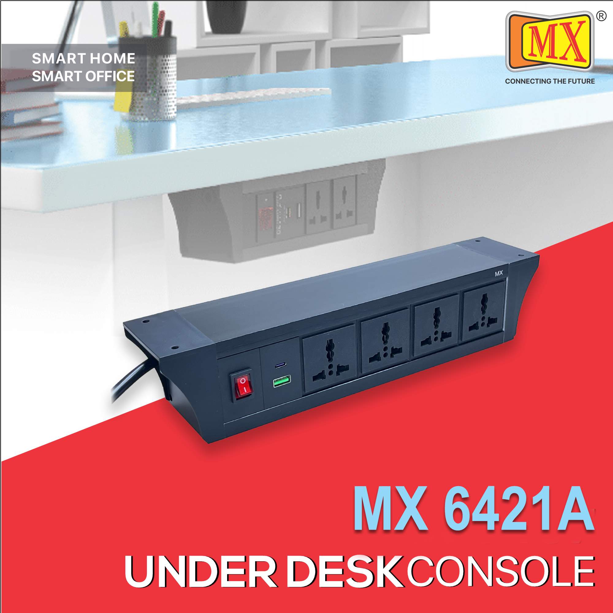 MX PDU Under table 6/13 Amps 4 Universal Socket | 2 USB (2.4 Amp) with 30W PD Charger | Dual Pole LED Indicator Switch | 6 Amps Heavy Duty Cord 1.5 Meter with ISI Marked, Aluminium Body Material(MX 6421A-1.5M Black)