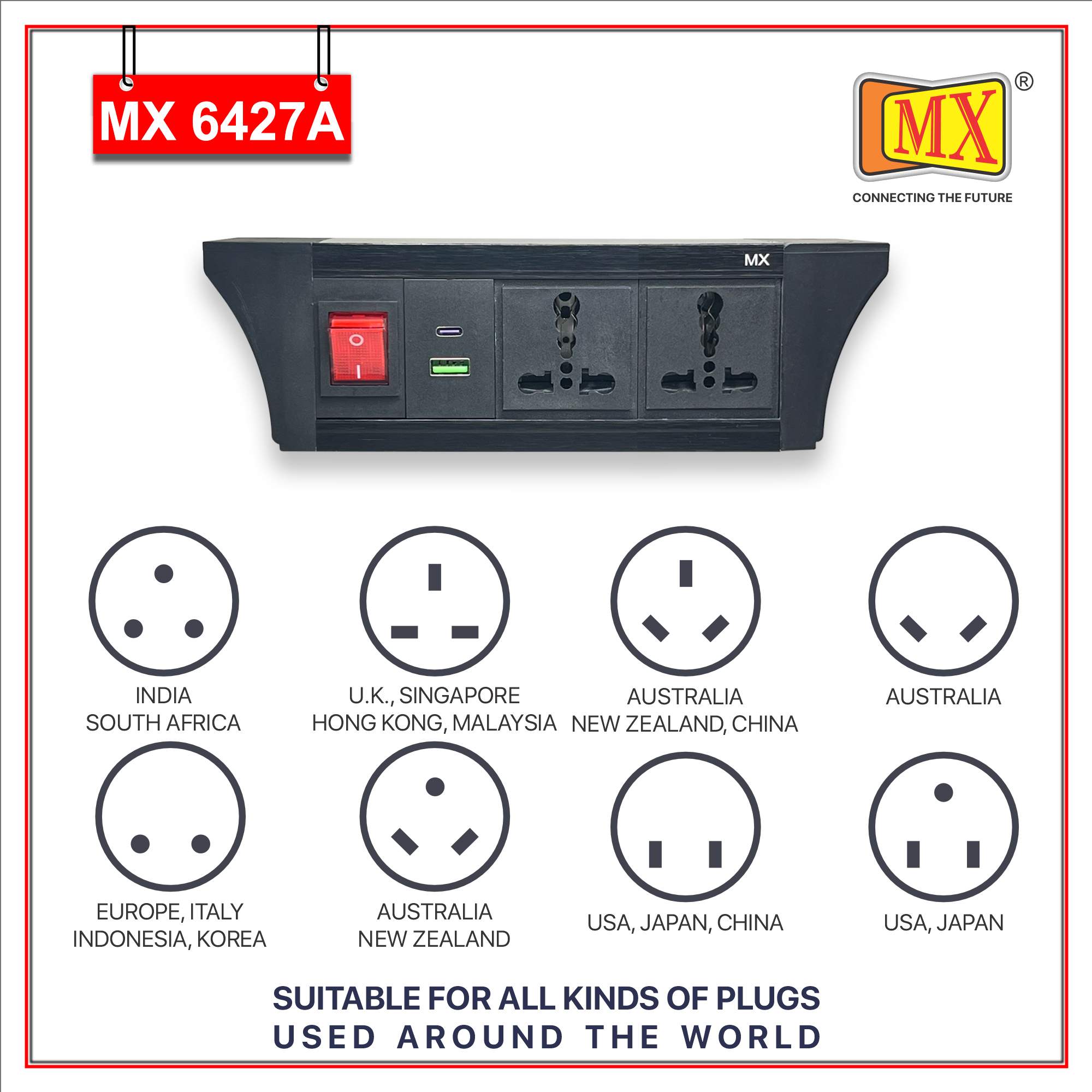 MX PDU Under table 6/16 Amps 2 Universal Socket | 2 USB (2.4 Amp) with 30W PD Charger | Dual Pole LED Indicator Switch | 16 Amps Heavy Duty Cord 3 Meter with ISI Marked, Aluminium Body Material(MX 6427A-3M Black)