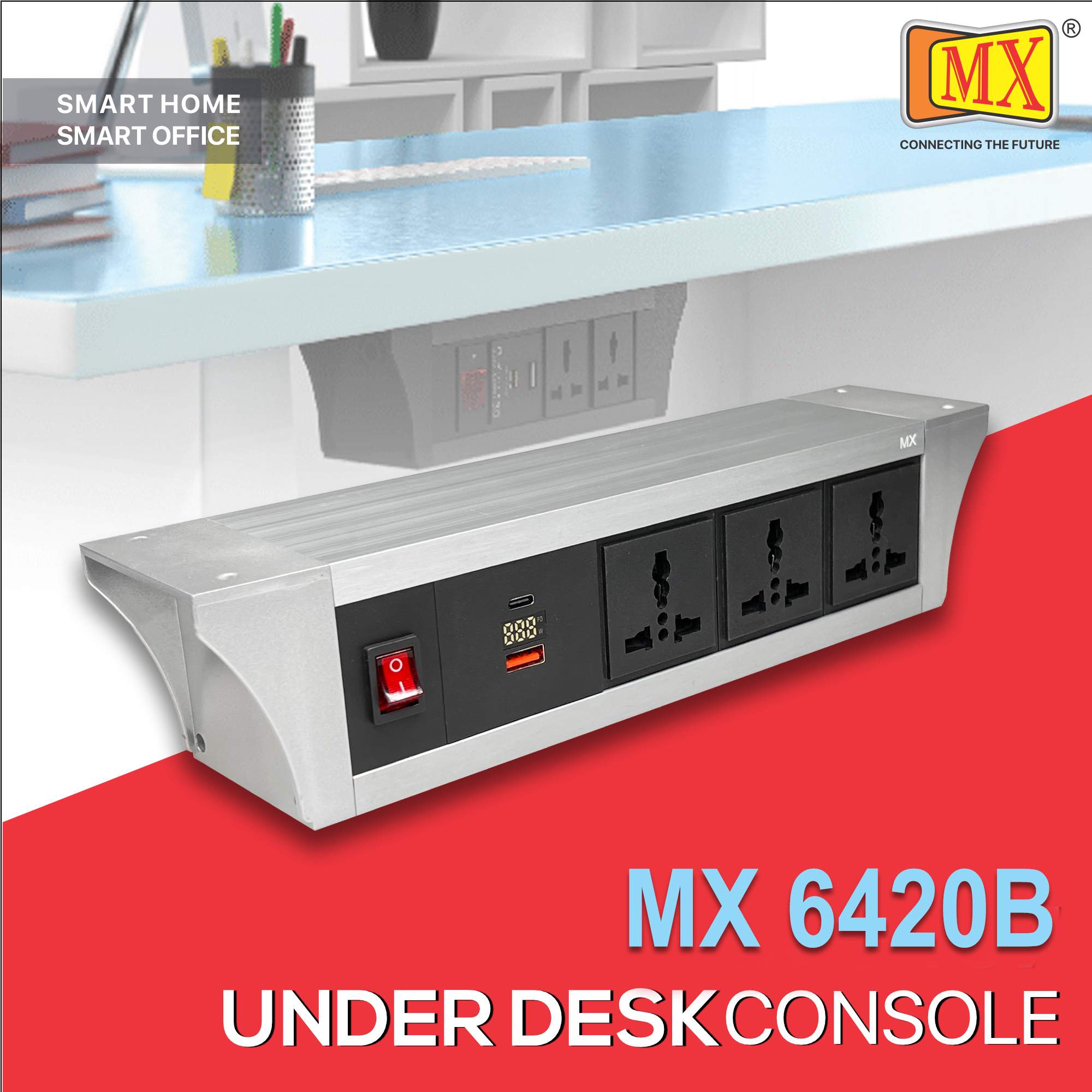 MX PDU Under table 6/13 Amps 3 Universal Socket | 2 USB (2.4 Amp) with 30W PD Charger With Display | Dual Pole LED Indicator Switch | 6 Amps Heavy Duty Cord 1.5 Meter with ISI Marked, Aluminium Body Material(MX 6420B-1.5M Silver)