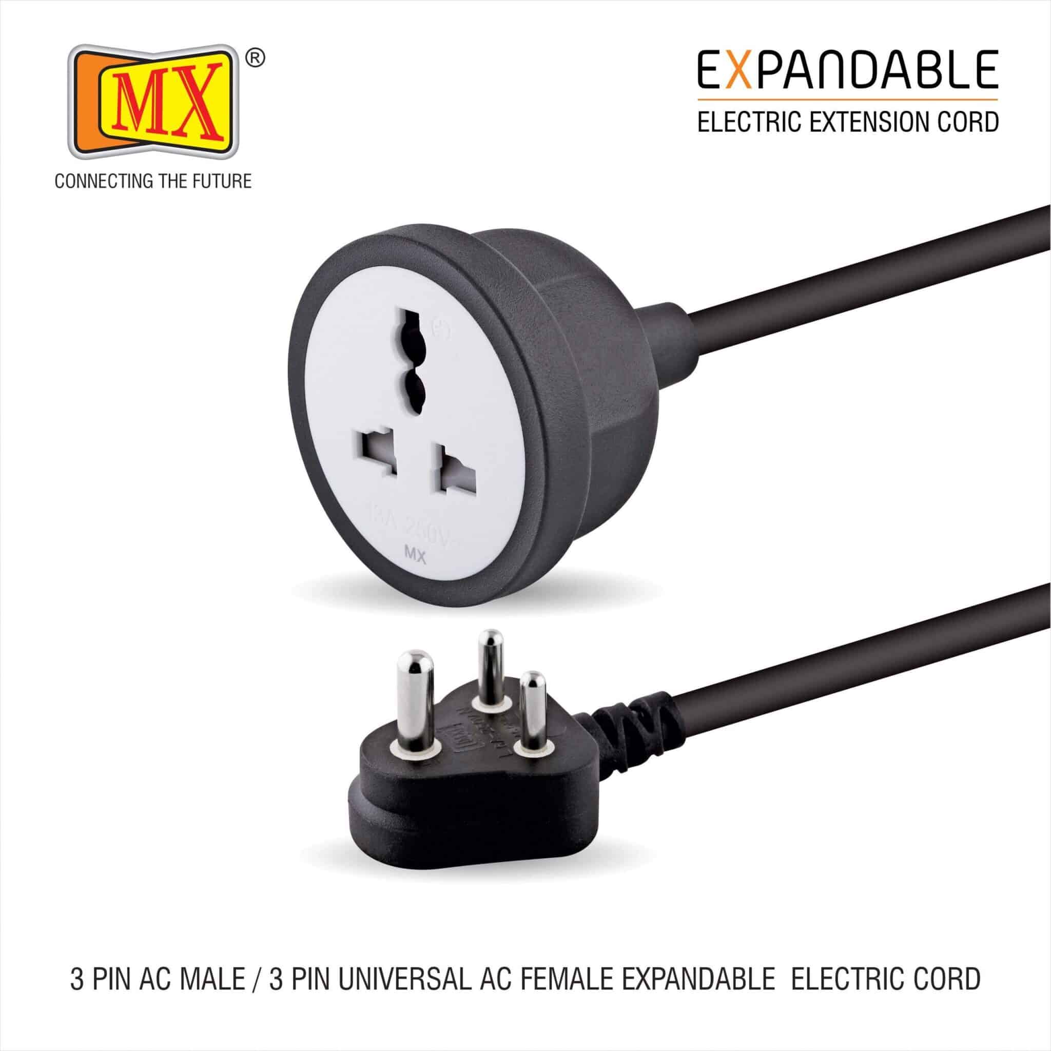 MX Extension Board with 5M Heavy Duty Long Wire Cord, Single Outlet Socket 2500W 10A Expandable Electric Extension, 3 Pin Plug with Surge Protection &amp; Child Safety Shutter, Black for home appliances like electric cooktop & Stove