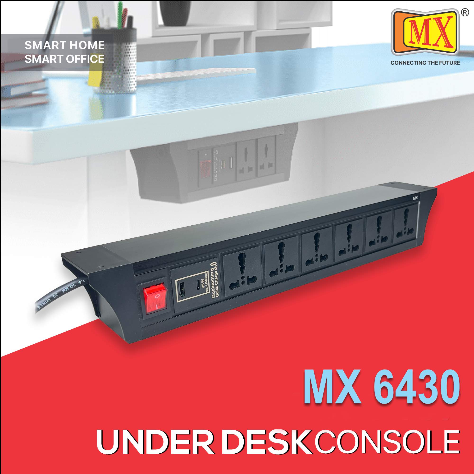 MX PDU Under table 6/16 Amps 6 Universal Socket | 2 USB (2.4 Amp) with 95W PD Charger | Dual Pole LED Indicator Switch | 16 Amps Heavy Duty Cord 5 Meter with ISI Marked, Aluminium Body Material(MX 6430-5M Black)