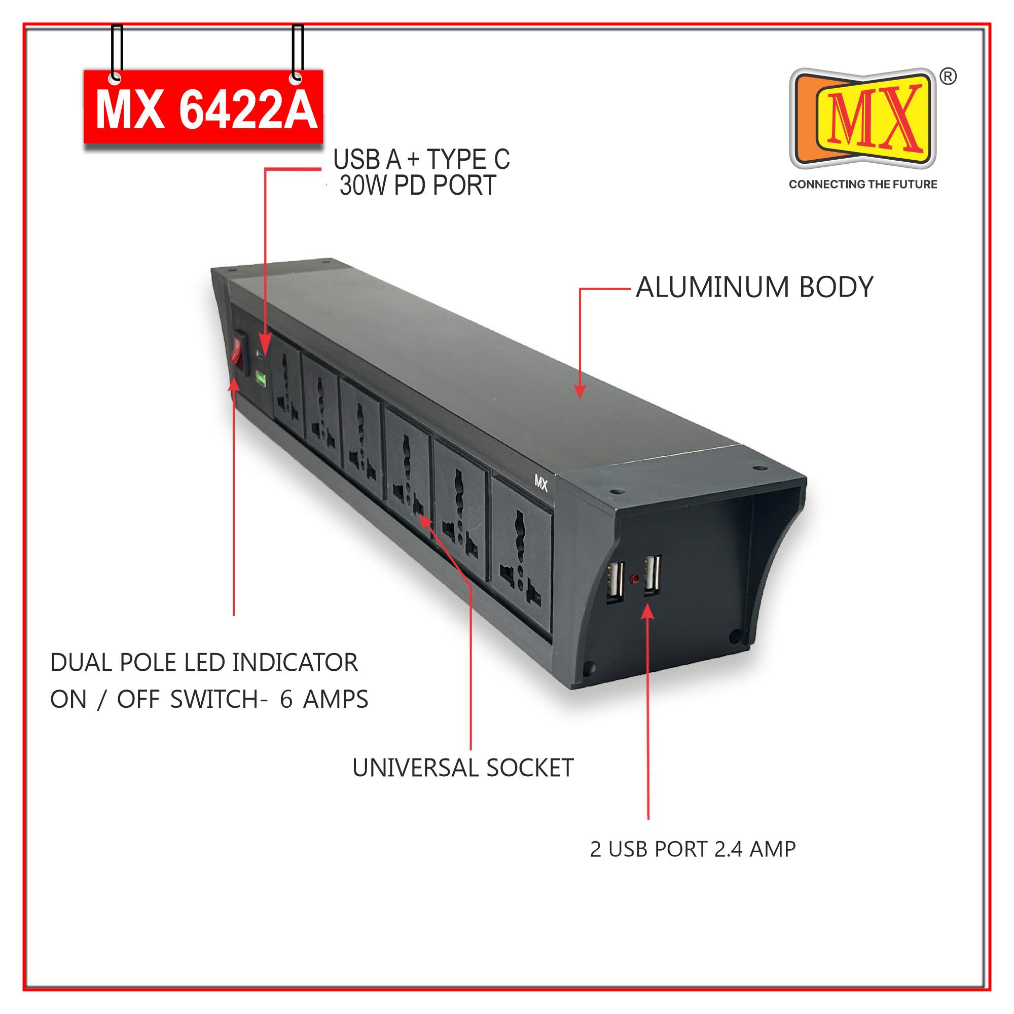MX PDU Under table 6/13 Amps 6 Universal Socket | 2 USB (2.4 Amp) with 30W PD Charger | Dual Pole LED Indicator Switch | 6 Amps Heavy Duty Cord 5 Meter with ISI Marked, Aluminium Body Material(MX 6422A-5M Black)