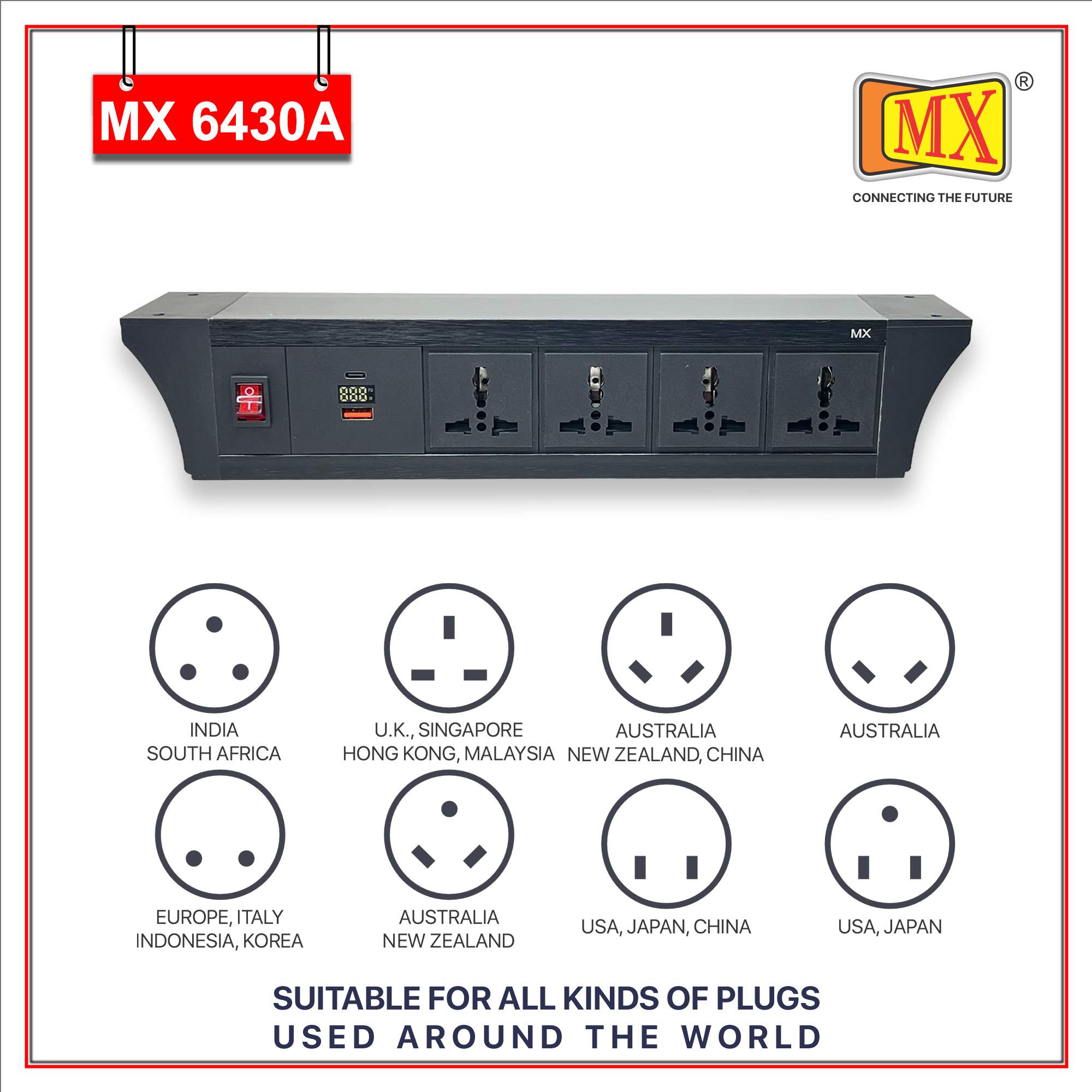 MX PDU Under table 6/13 Amps 4 Universal Socket | 2 USB (2.4 Amp) with 30W PD Charger With Display | Dual Pole LED Indicator Switch | 6 Amps Heavy Duty Cord 10 Meter with ISI Marked, Aluminium Body Material(MX 6421B-10M Black)