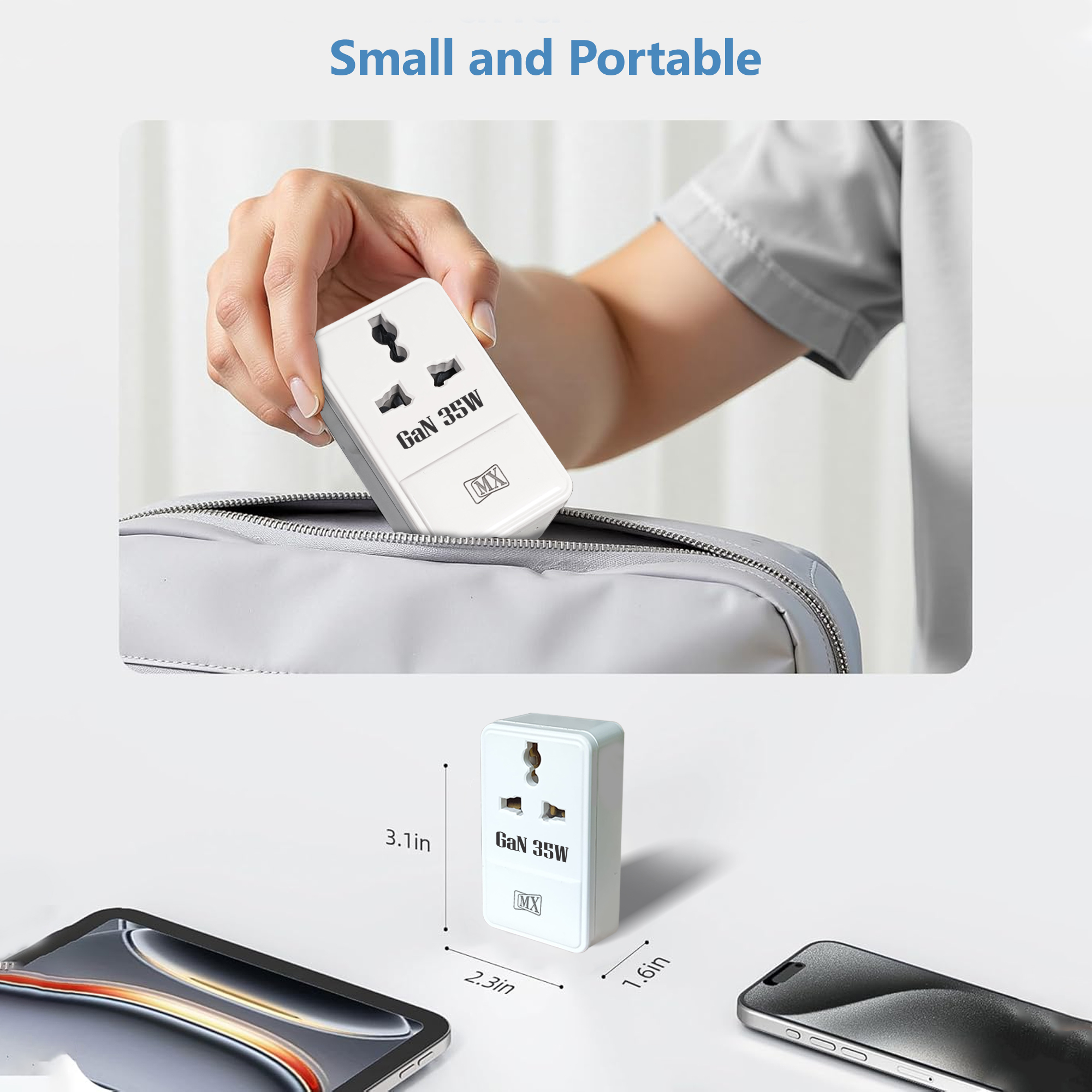 MX 35W GaN Multi Plug Indian Pin Adapter with Universal Socket & Dual USB-C PD Fast Charging - White