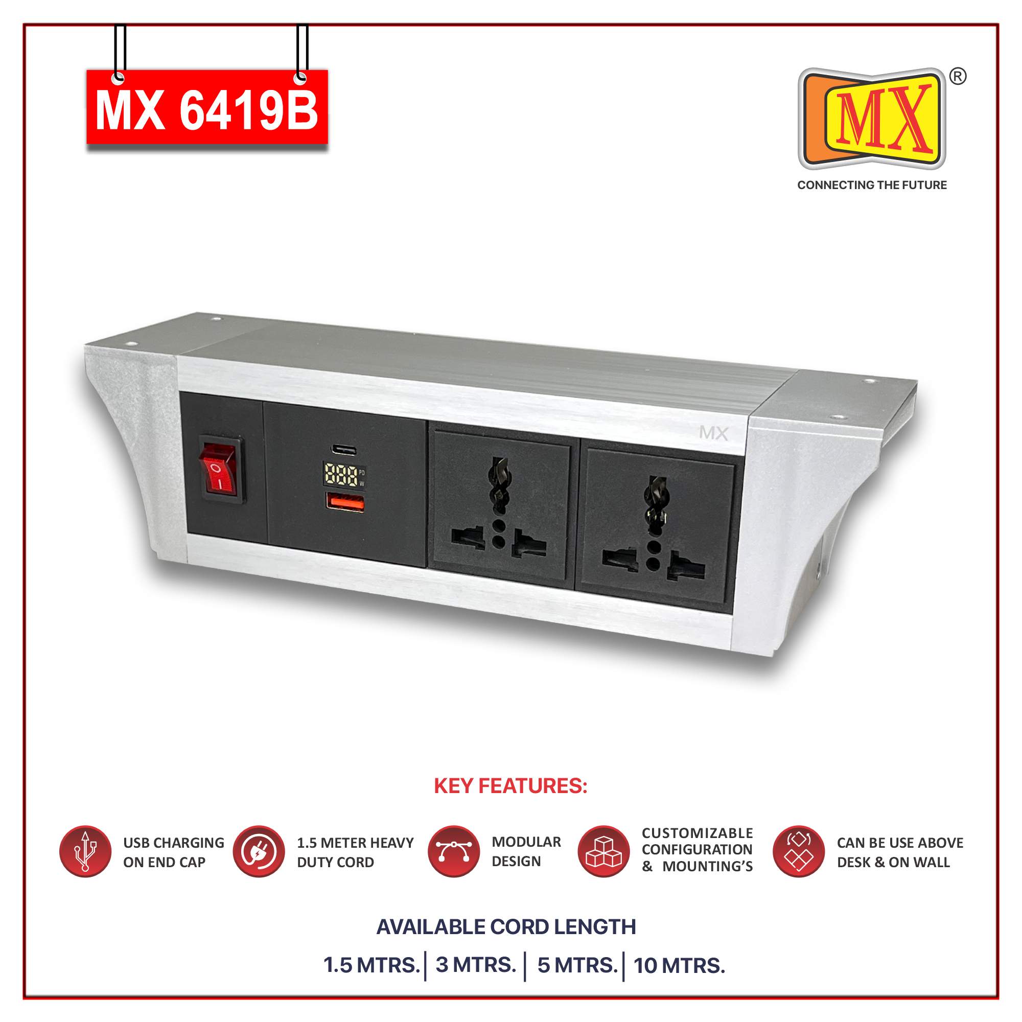 MX PDU Under table 6/13 Amps 2 Universal Socket | 2 USB (2.4 Amp) with 30W PD Charger With Display | Dual Pole LED Indicator Switch | 6 Amps Heavy Duty Cord 3 Meter with ISI Marked, Aluminium Body Material(MX 6419B-3M Silver)