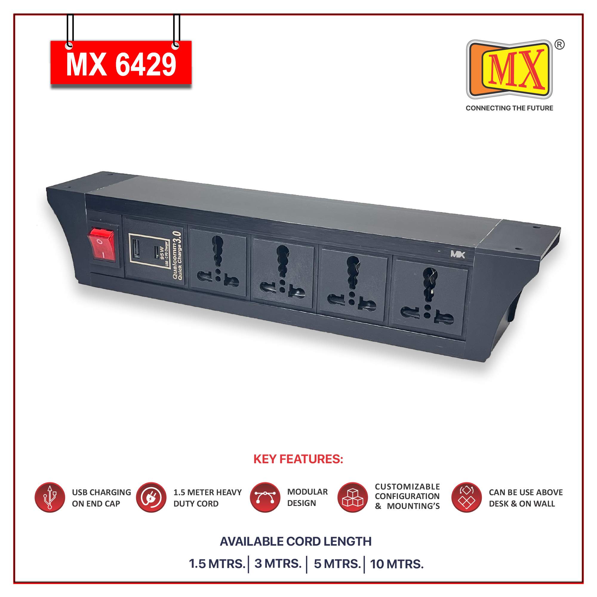 MX PDU Under table 6/16 Amps 4 Universal Socket | 2 USB (2.4 Amp) with 95W PD Charger | Dual Pole LED Indicator Switch | 16 Amps Heavy Duty Cord 10 Meter with ISI Marked, Aluminium Body Material(MX 6429-10M Black)