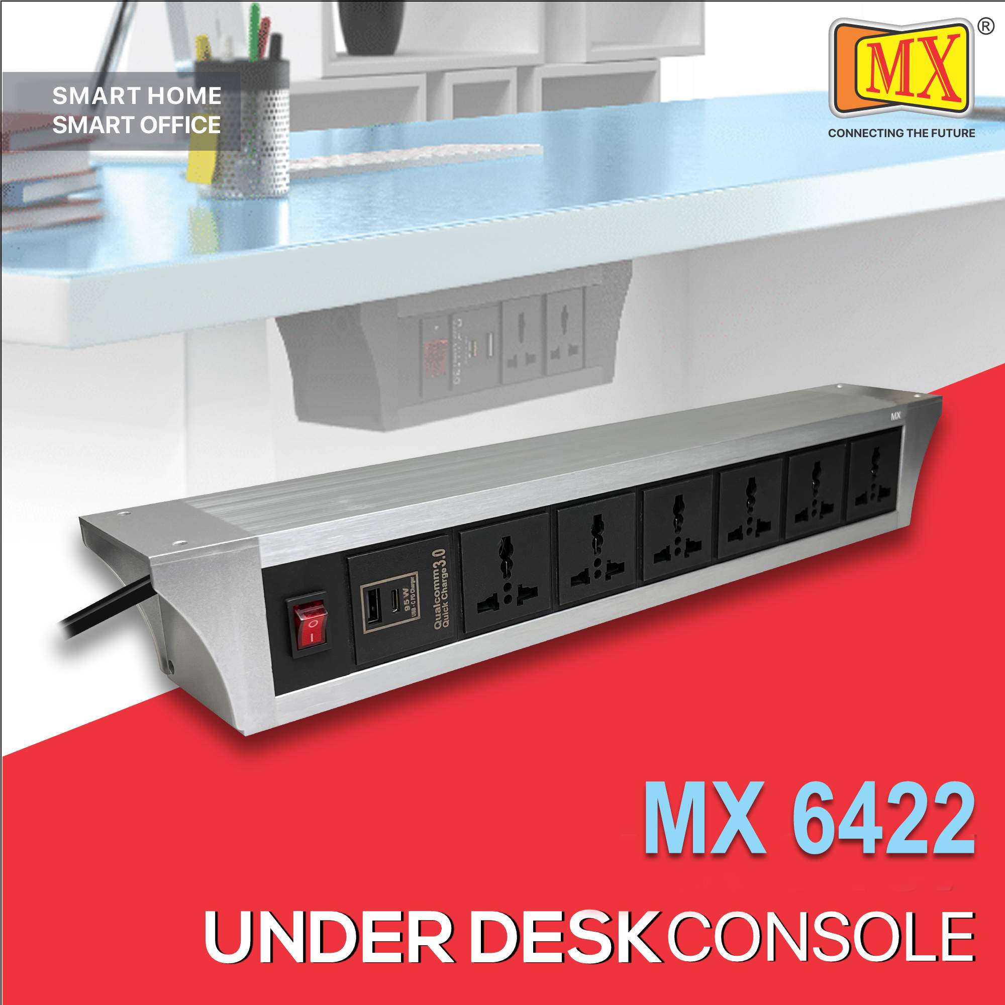 MX PDU Under table 6/13 Amps 6 Universal Socket | 2 USB (2.4 Amp) with 95W PD Charger | Dual Pole LED Indicator Switch | 6 Amps Heavy Duty Cord 3 Meter with ISI Marked, Aluminium Body Material(MX 6422-3M Silver)