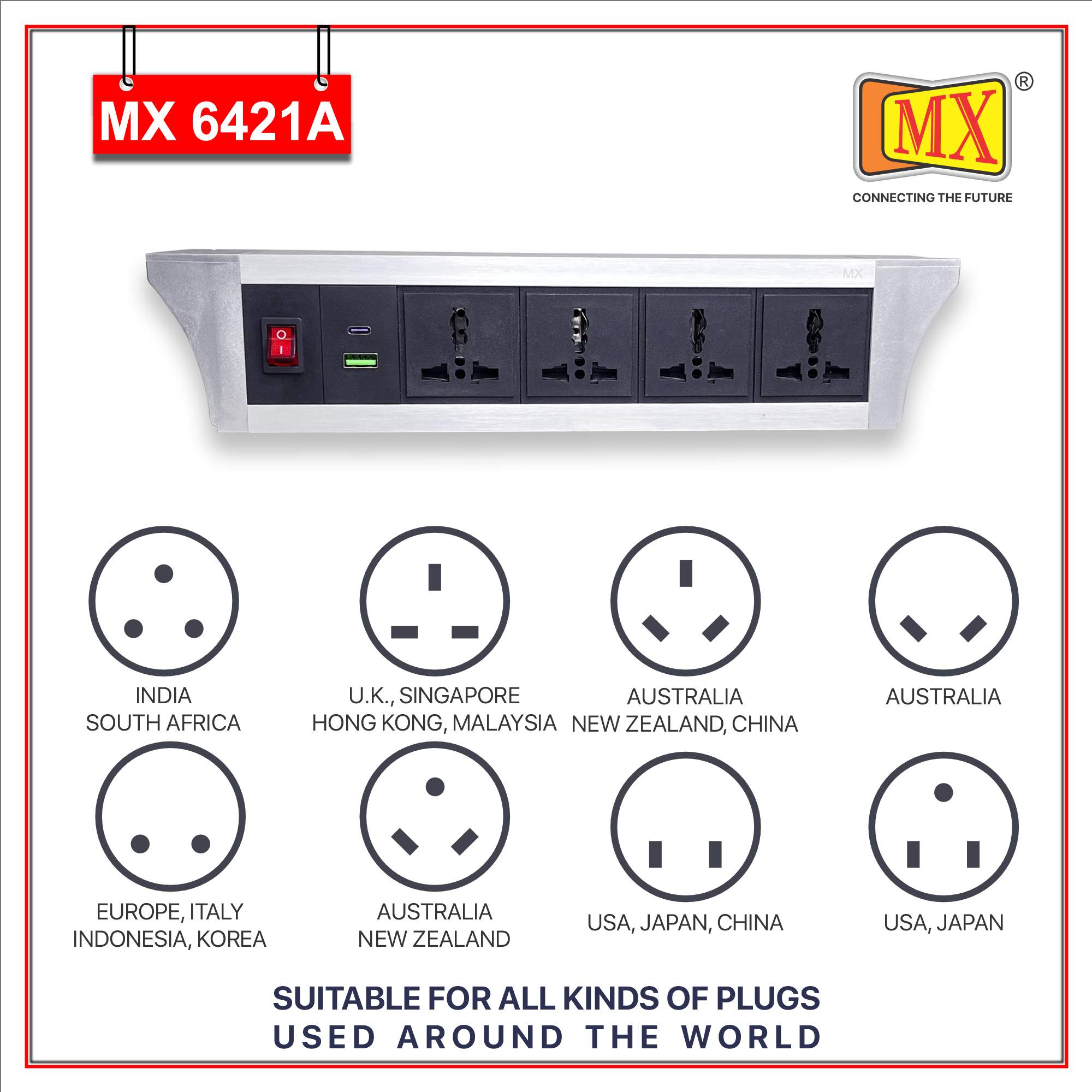 MX PDU Under table 6/13 Amps 4 Universal Socket | 2 USB (2.4 Amp) with 30W PD Charger | Dual Pole LED Indicator Switch | 6 Amps Heavy Duty Cord 10 Meter with ISI Marked, Aluminium Body Material(MX 6421A-10M Silver)
